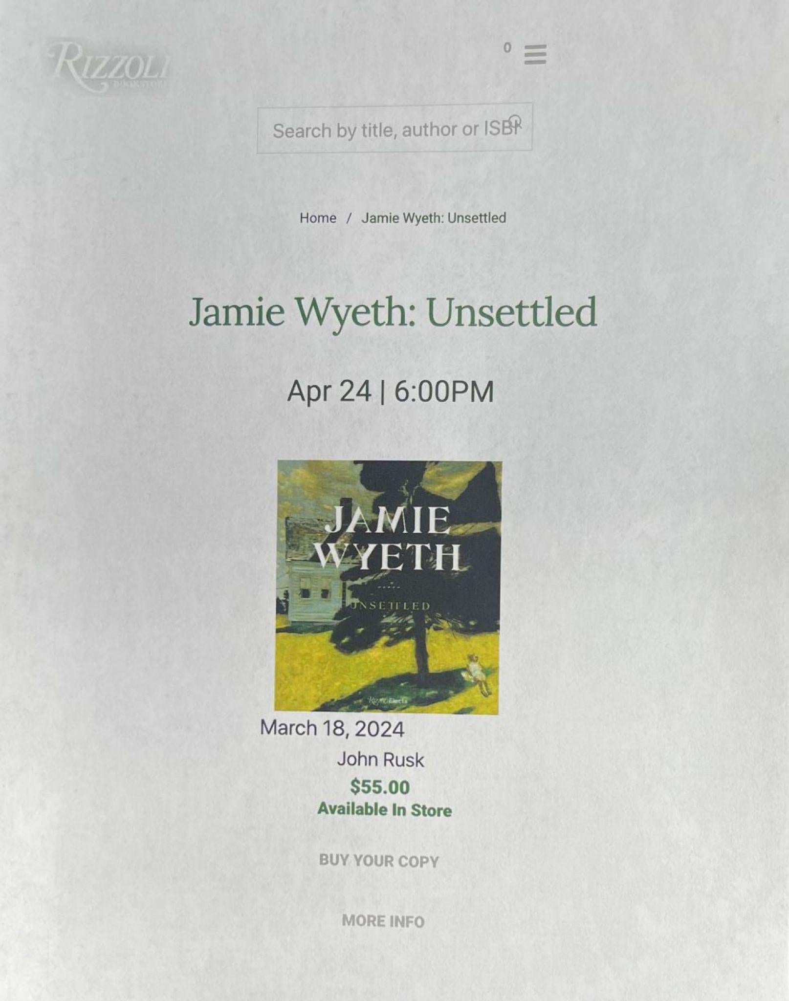 Unsettled (hand signed and inscribed by Jamie Wyeth), offset lithograph poster For Sale 2