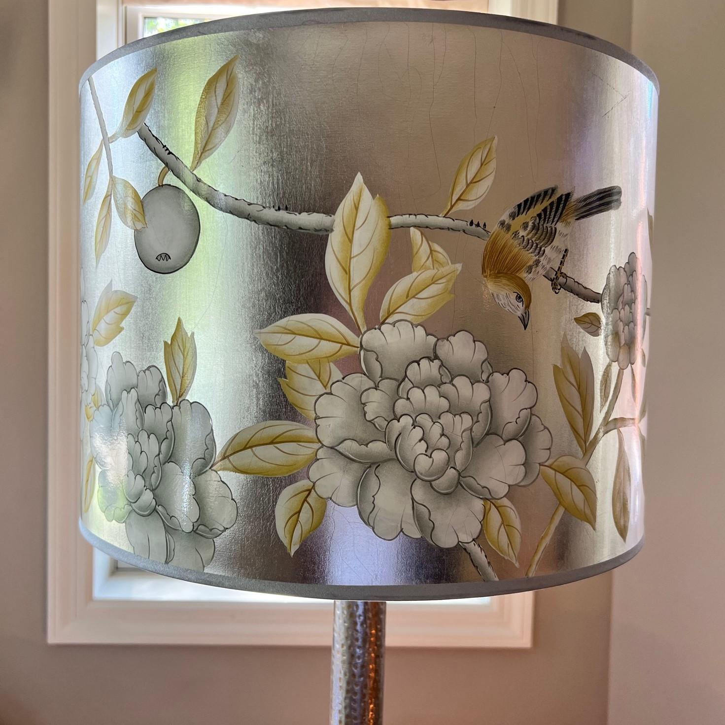 Modern Jamie Young Tall Hammered Metal Table Lamp with Hand Painted Silvered Drum Shade