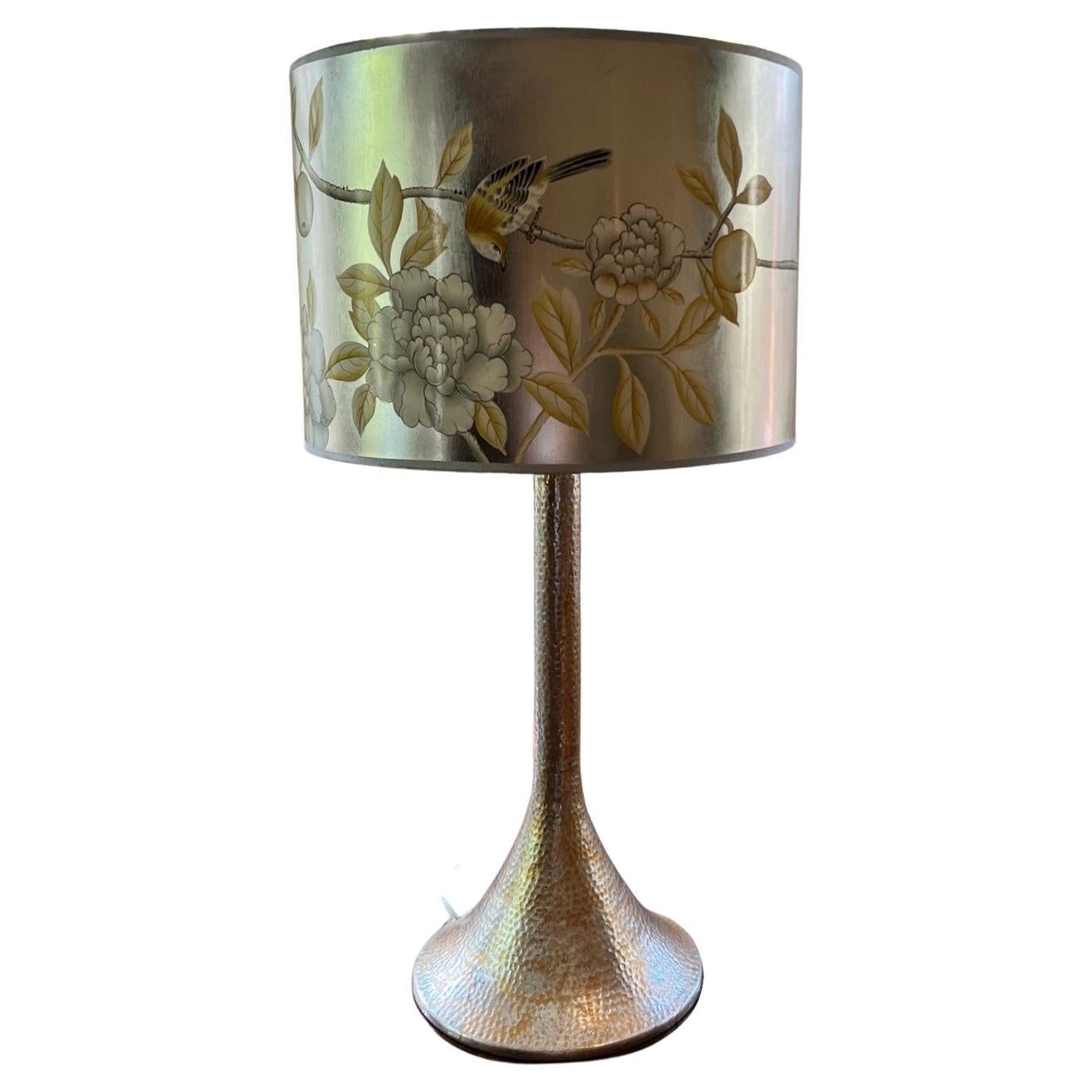 Jamie Young Tall Hammered Metal Table Lamp with Hand Painted Silvered Drum Shade
