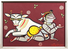 Vintage 'Krishna and Nanda' original painting on paper by Jamini Roy