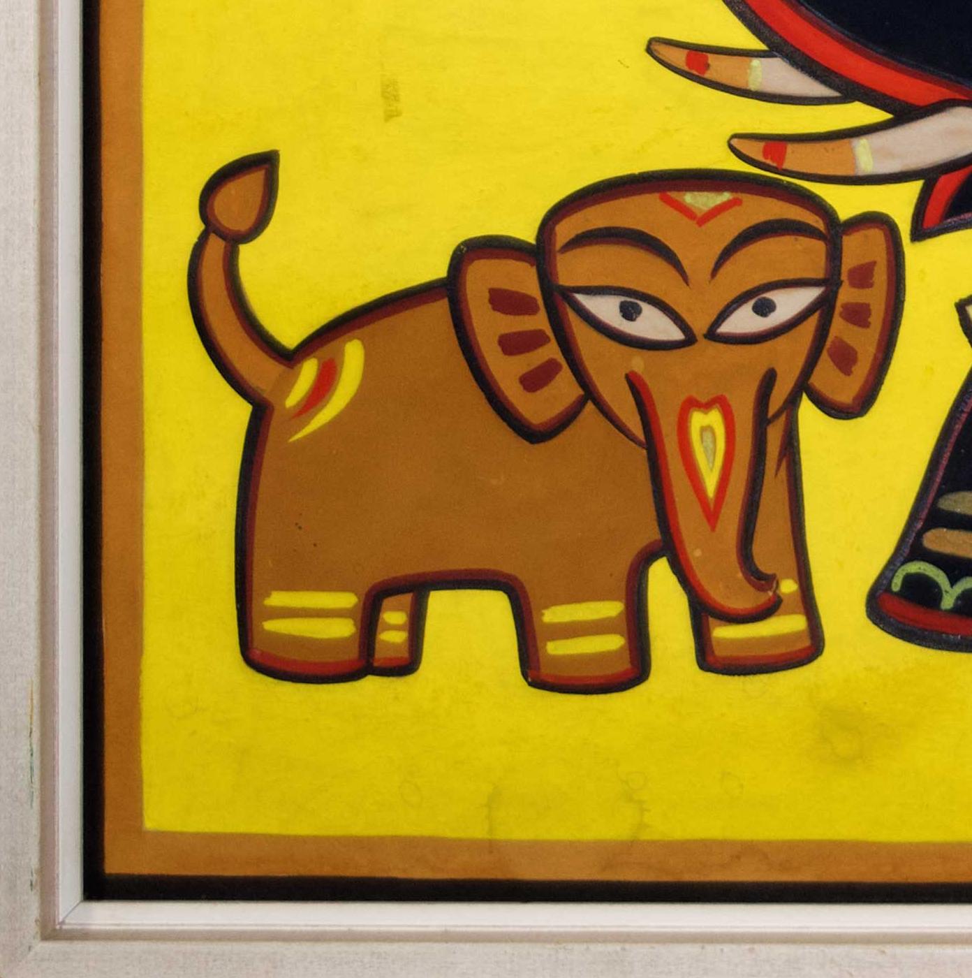 'Untitled (Elephants)' is an original painting on paper by the lauded master of modern Indian painting Jamini Roy. Roy often painted images of animals as a pair with an adult and infant, as seen here, though the vast majority of the compositional
