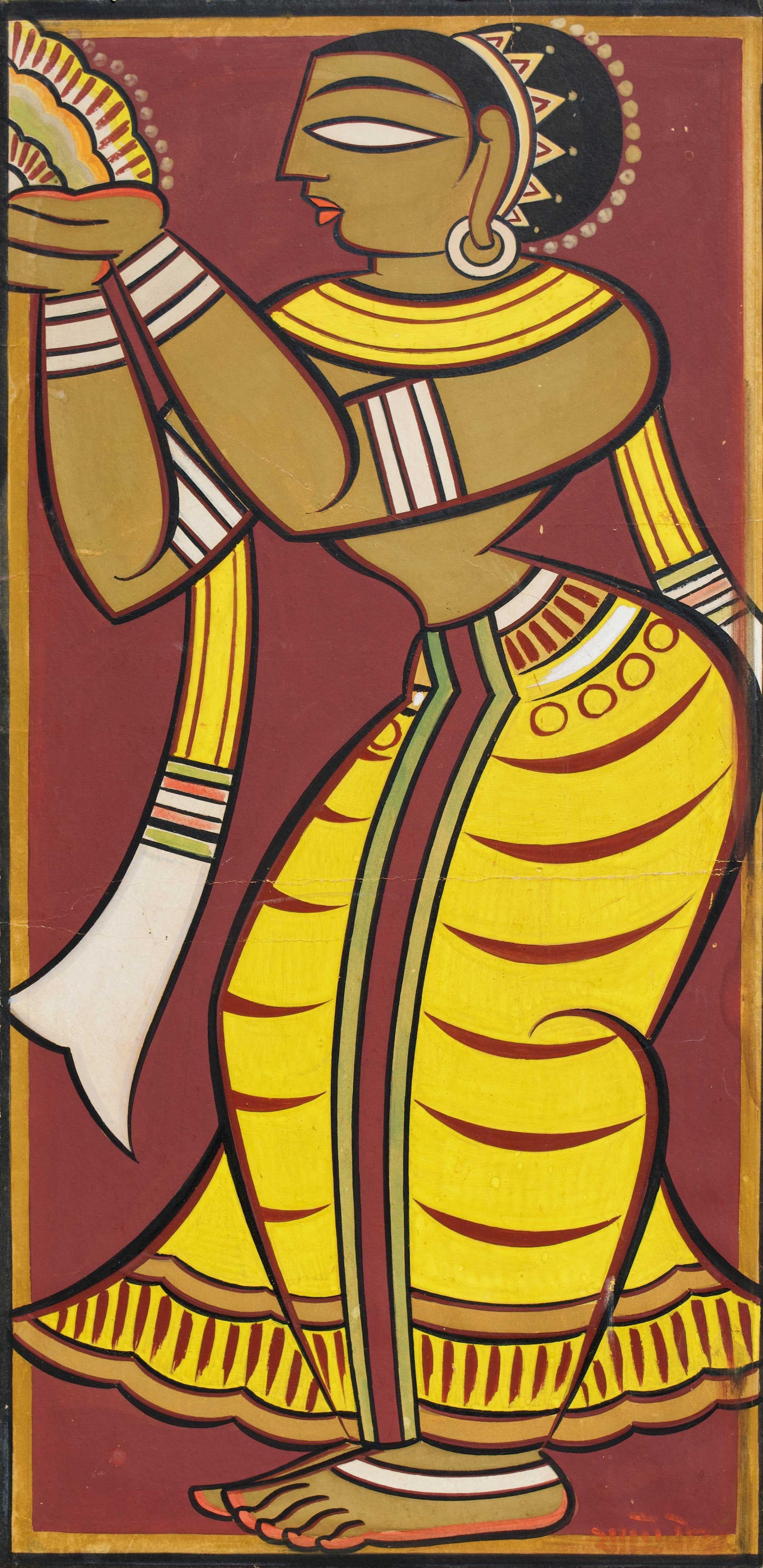 'Untitled (Gopini)' is an original painting on paper by the lauded master of modern Indian painting Jamini Roy. In Hindu tradition, gopinis are female admirers of the deity Krishna, some of whom have platonic love for the god and some of whom are