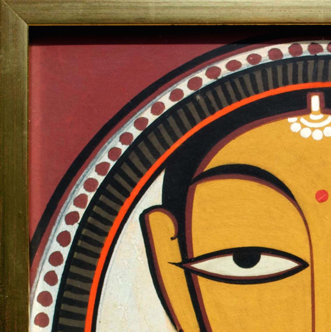 'Untitled (Woman)' is an original painting on paper by the lauded master of modern Indian painting Jamini Roy. This painting, like many others by Roy, probably depicts a gopini. In Hindu tradition, gopinis are female admirers of the deity Krishna,