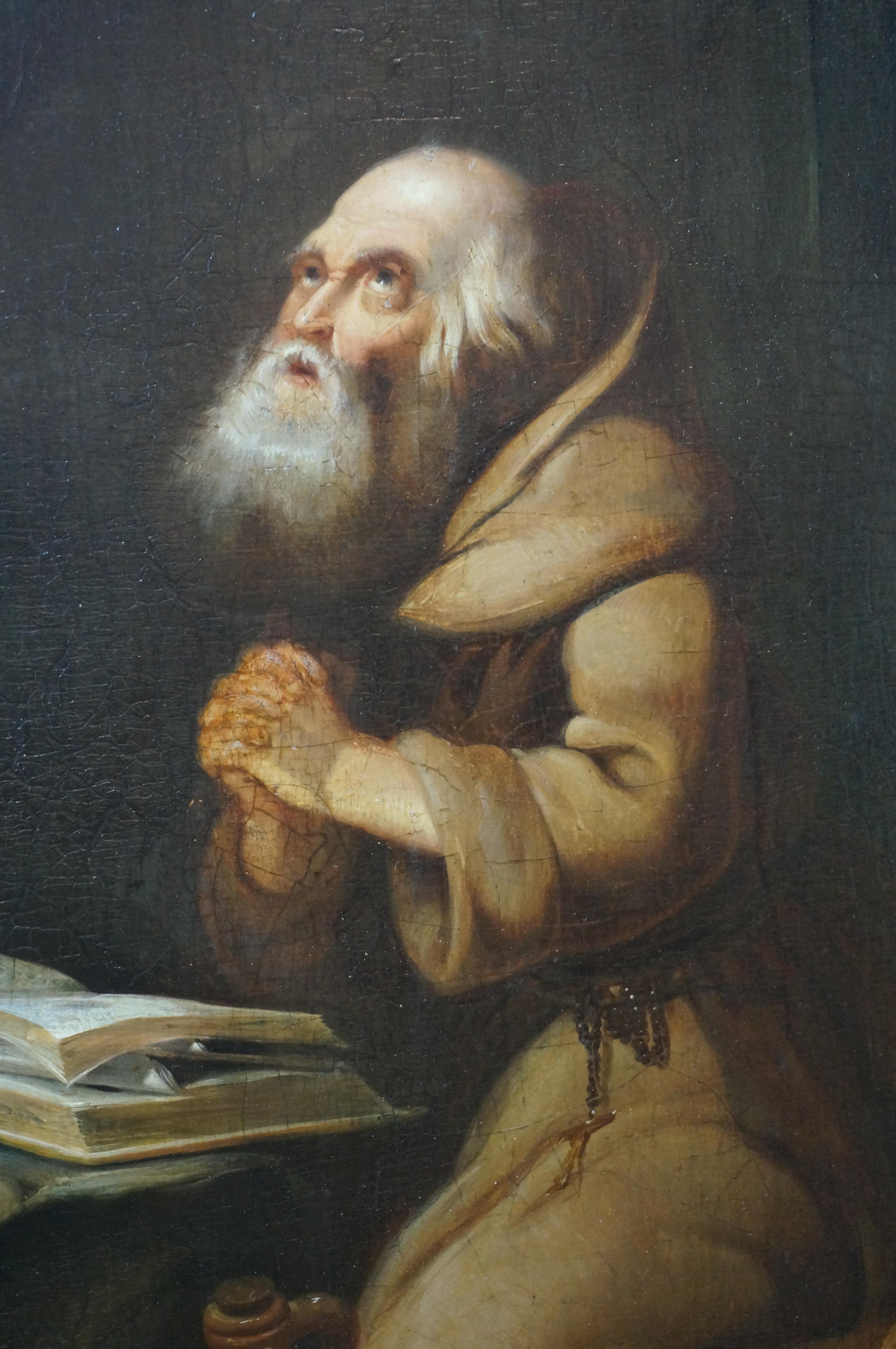 Antique religious painting, Praying hermit, oil on panel, Dutch golden age 5
