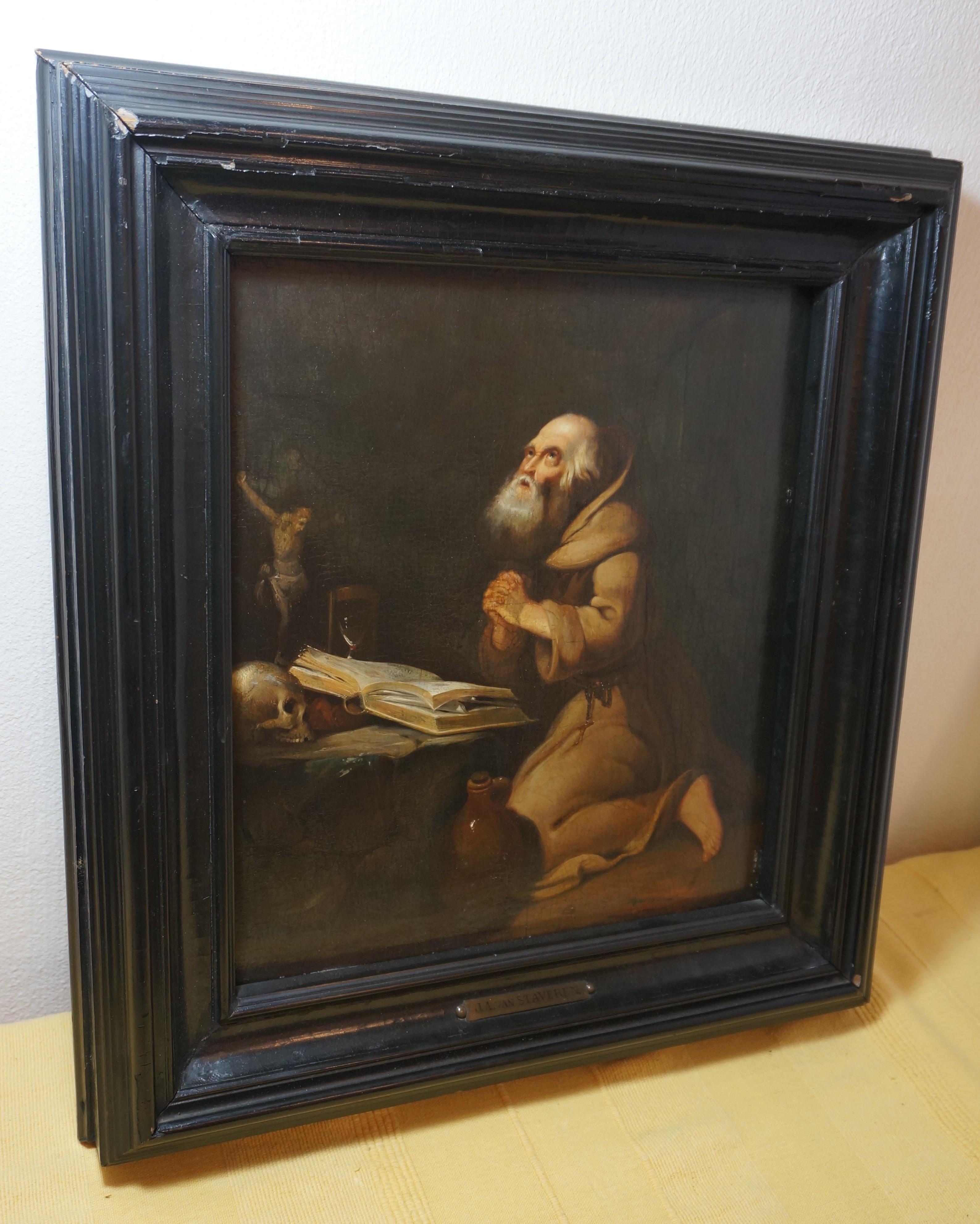 Antique religious painting, Praying hermit, oil on panel, Dutch golden age 6