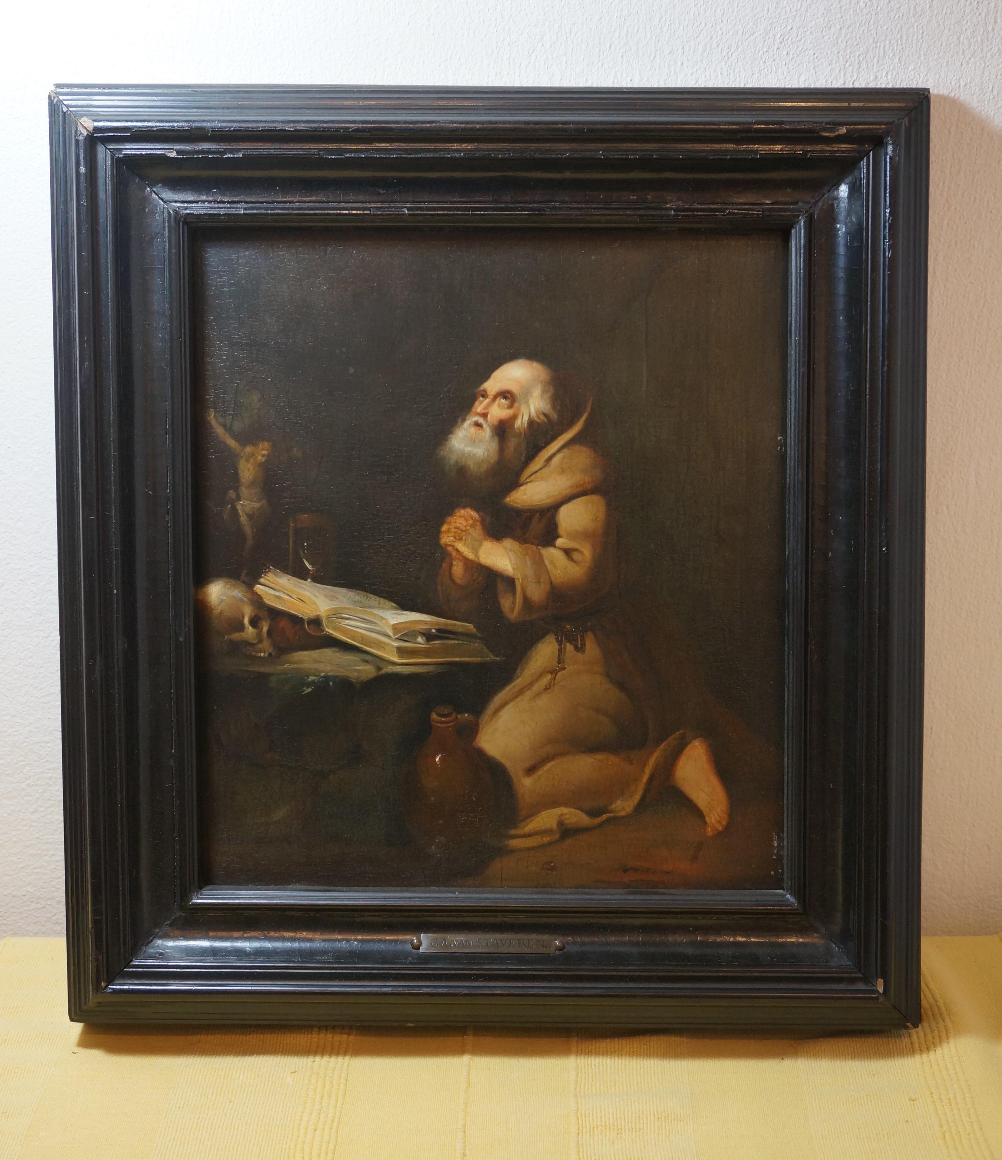 Antique religious painting, Praying hermit, oil on panel, Dutch golden age 9