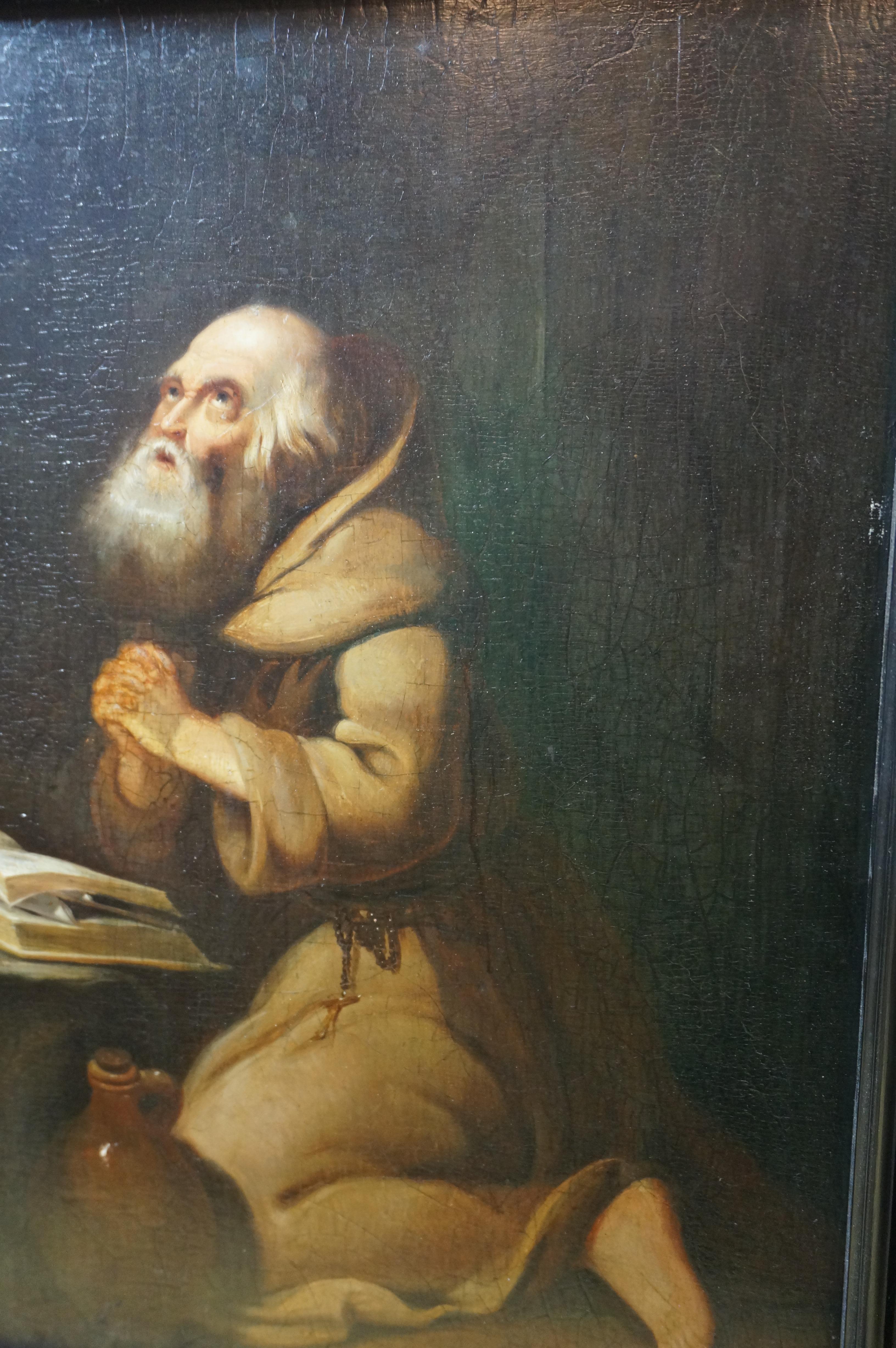 Antique religious painting, Praying hermit, oil on panel, Dutch golden age 1