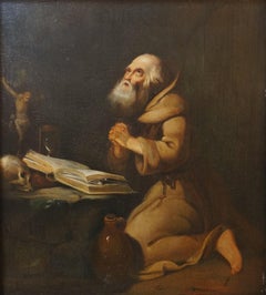 Antique religious painting, Praying hermit, oil on panel, Dutch golden age