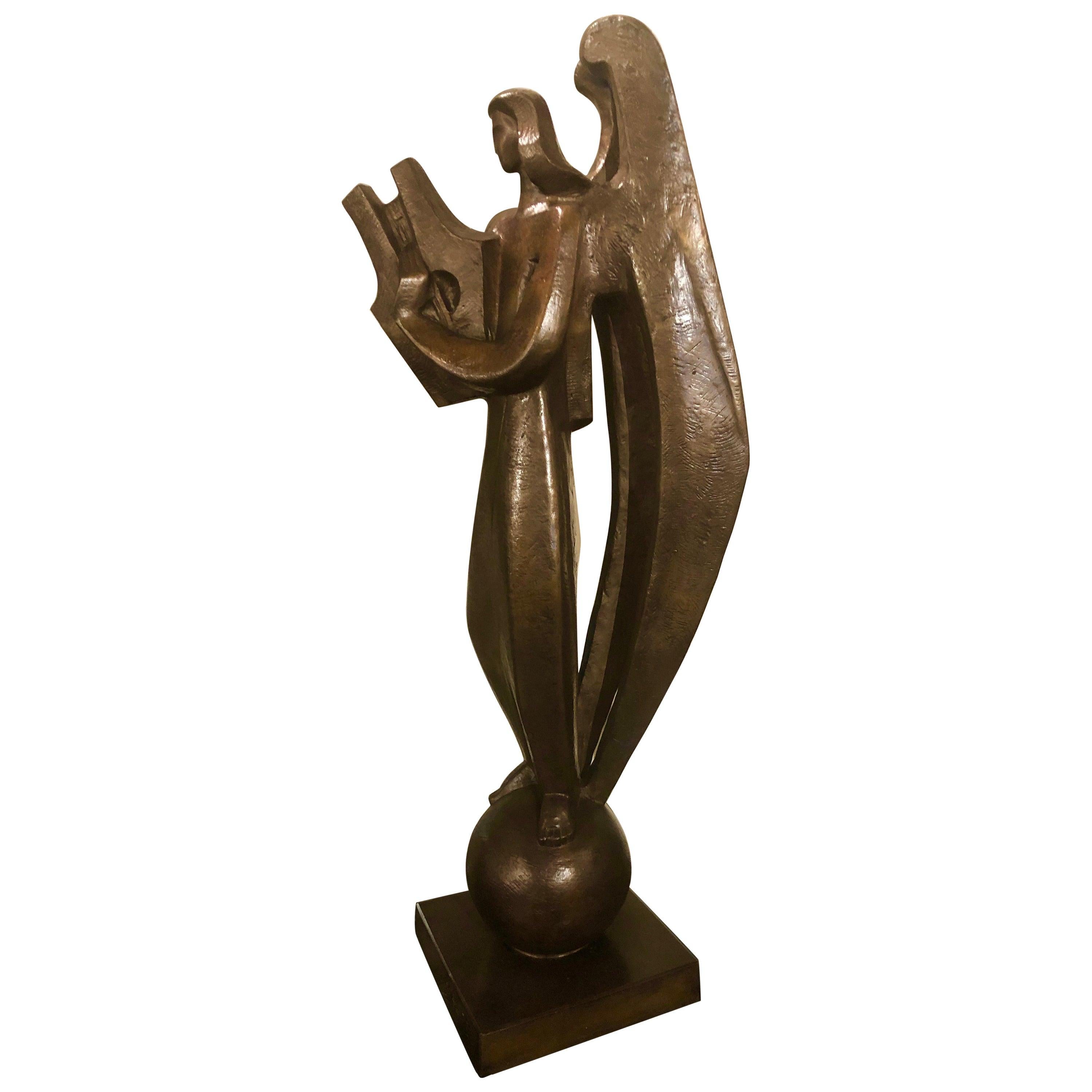 Jan and Joel Martel Figurative Sculpture - Jan & Joel Martel Art Deco Cubist Bronze Angel Monumental 2 of 8