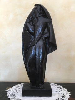 Jan and Joel Martel Signed Black Ceramic Sculpture, Unique Creation French, 1931