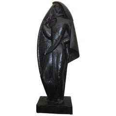 Jan and Joel Martel Signed Black Ceramic Sculpture, Unique Creation French, 1931
