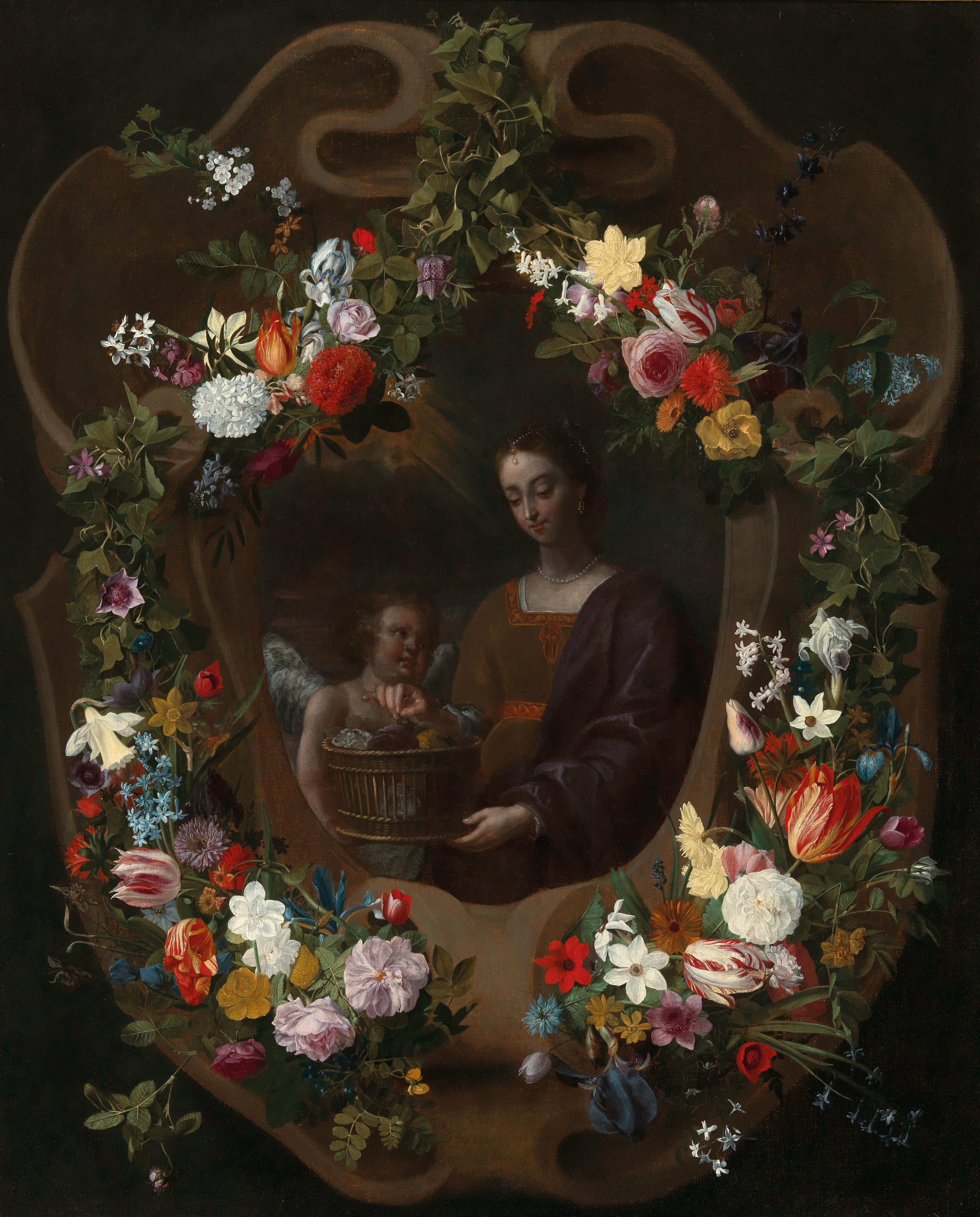 Grand-Scale Old Master Garland Portrait, 17th Century, Signed & Dated, Rare work - Painting by Jan Anton van der Baren