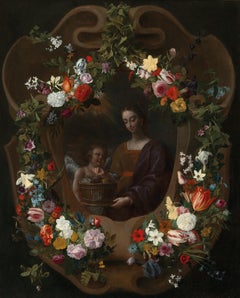 Signed Flower Garland Saint Dorothy Still Life, 17th Century Old Master Portrait