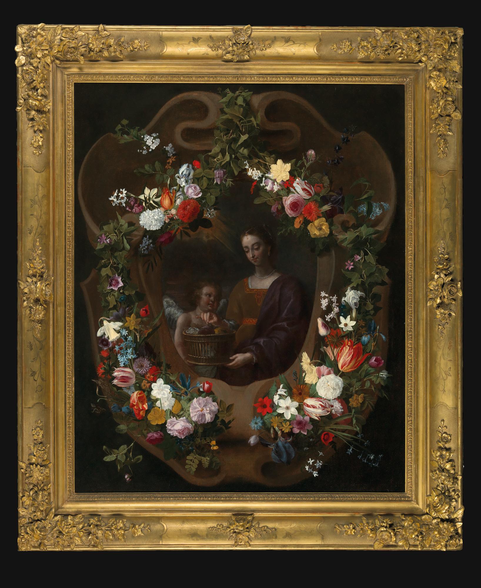 Grand-Scale Old Master Garland Portrait, 17th Century, Signed & Dated, Rare work