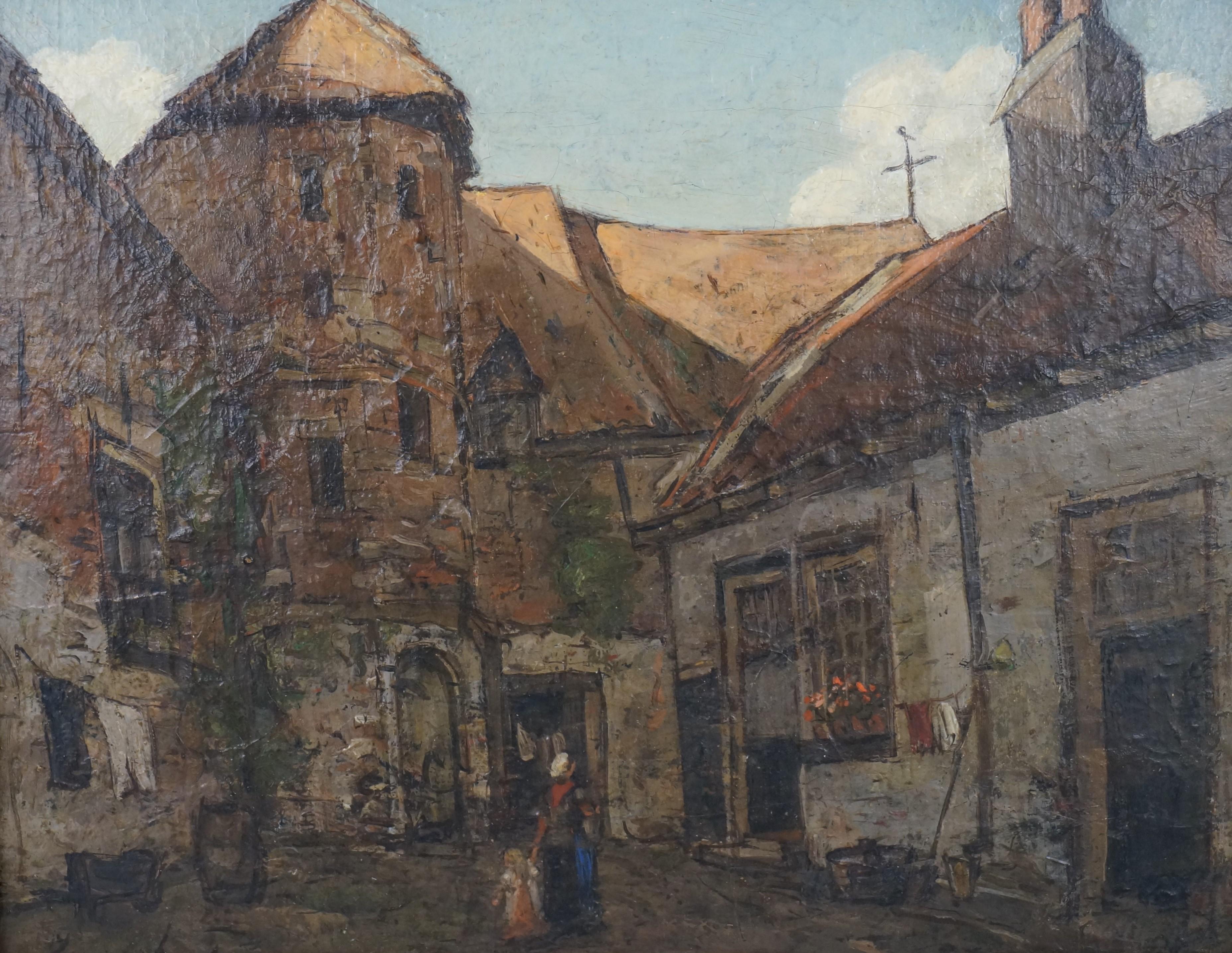 Oil painting of Dutch town Deventer, The mint, J. A. van Schooten (1870-1933) - Painting by Jan Antonius van Schooten
