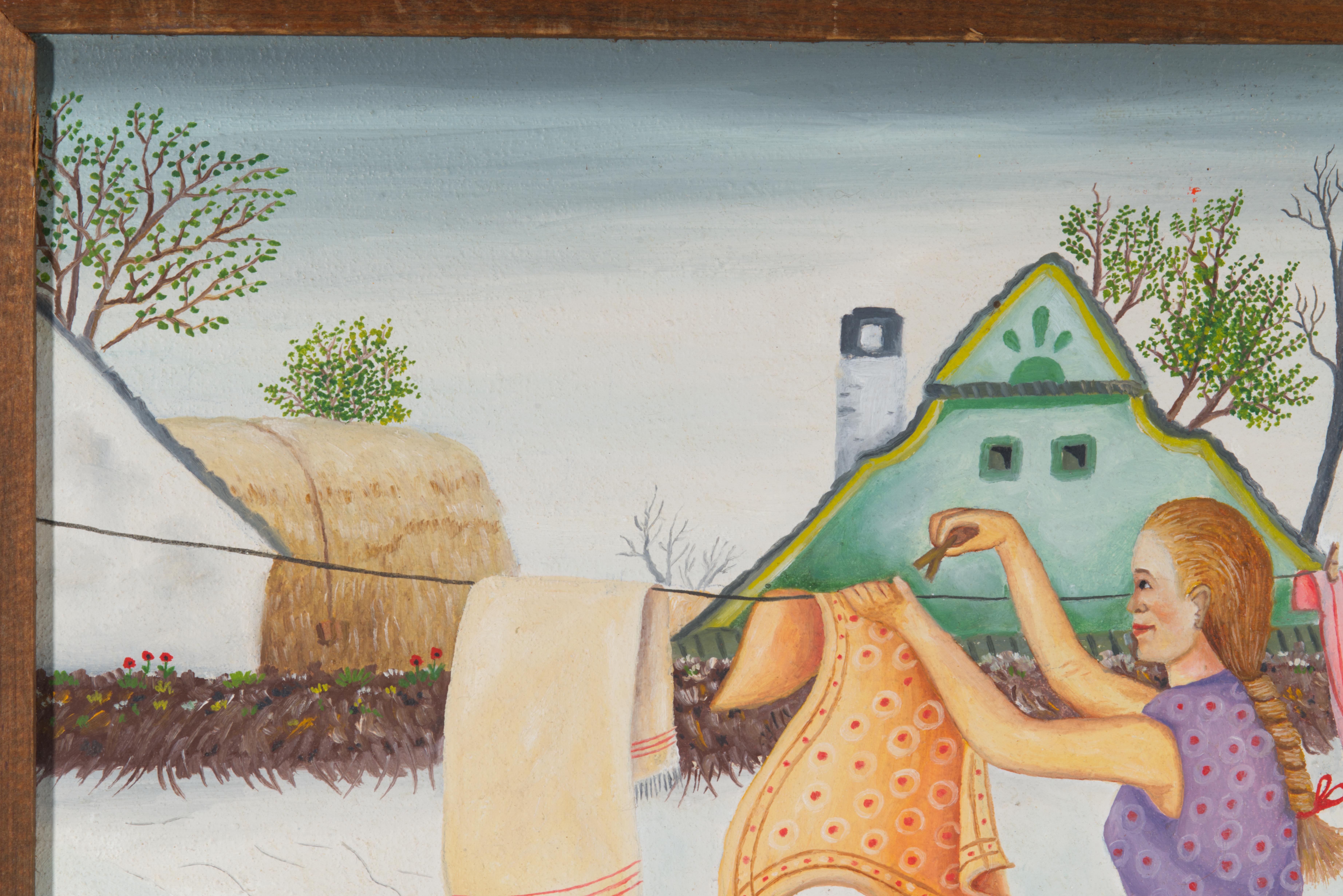 Artisanat Jan Bačur Peinture folklorique naïve Huile sur toile encadrée, Serbie 1986 en vente