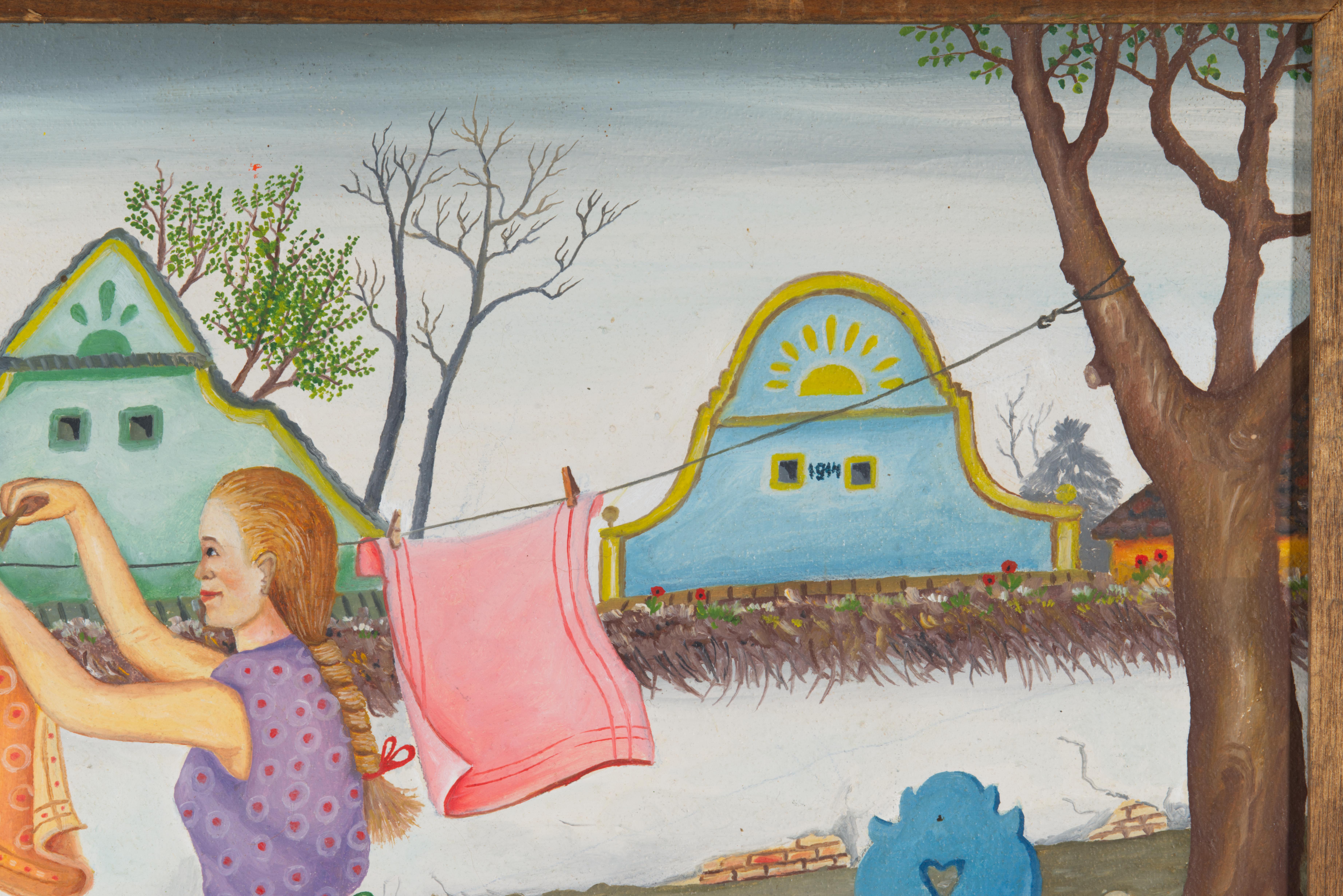 Serbe Jan Bačur Peinture folklorique naïve Huile sur toile encadrée, Serbie 1986 en vente