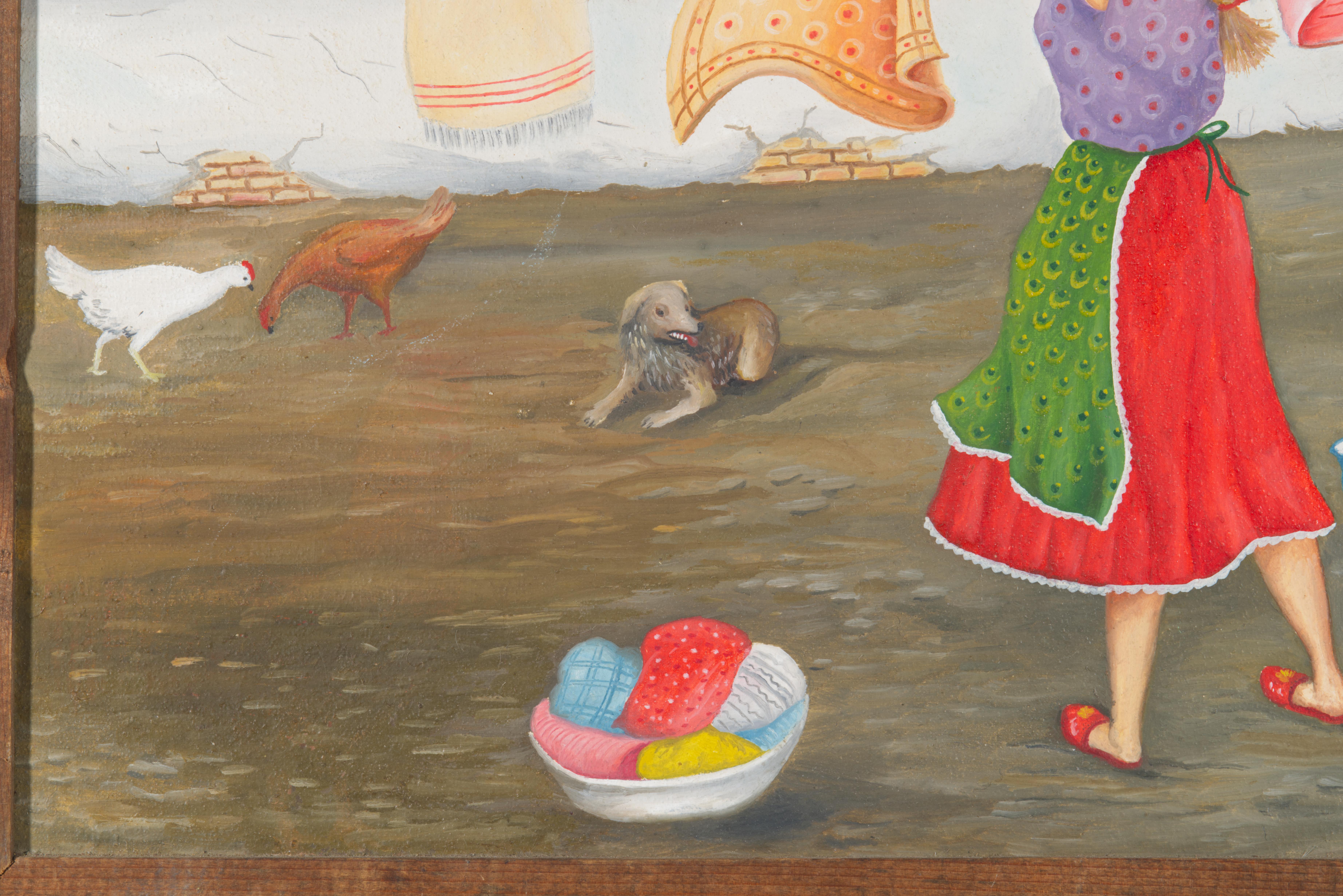 Peint à la main Jan Bačur Peinture folklorique naïve Huile sur toile encadrée, Serbie 1986 en vente