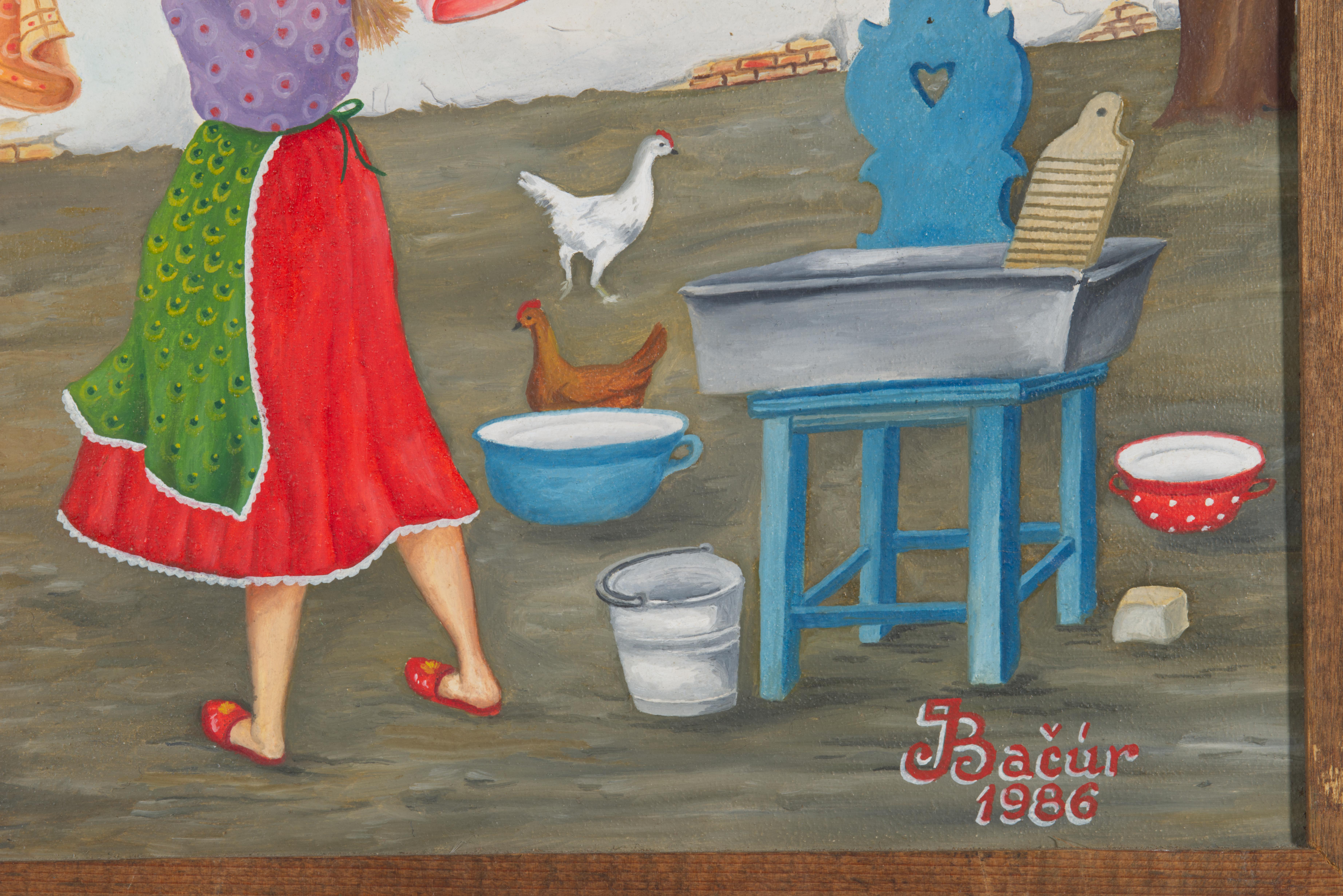 Jan Bačur Peinture folklorique naïve Huile sur toile encadrée, Serbie 1986 Bon état - En vente à Clifton Springs, NY