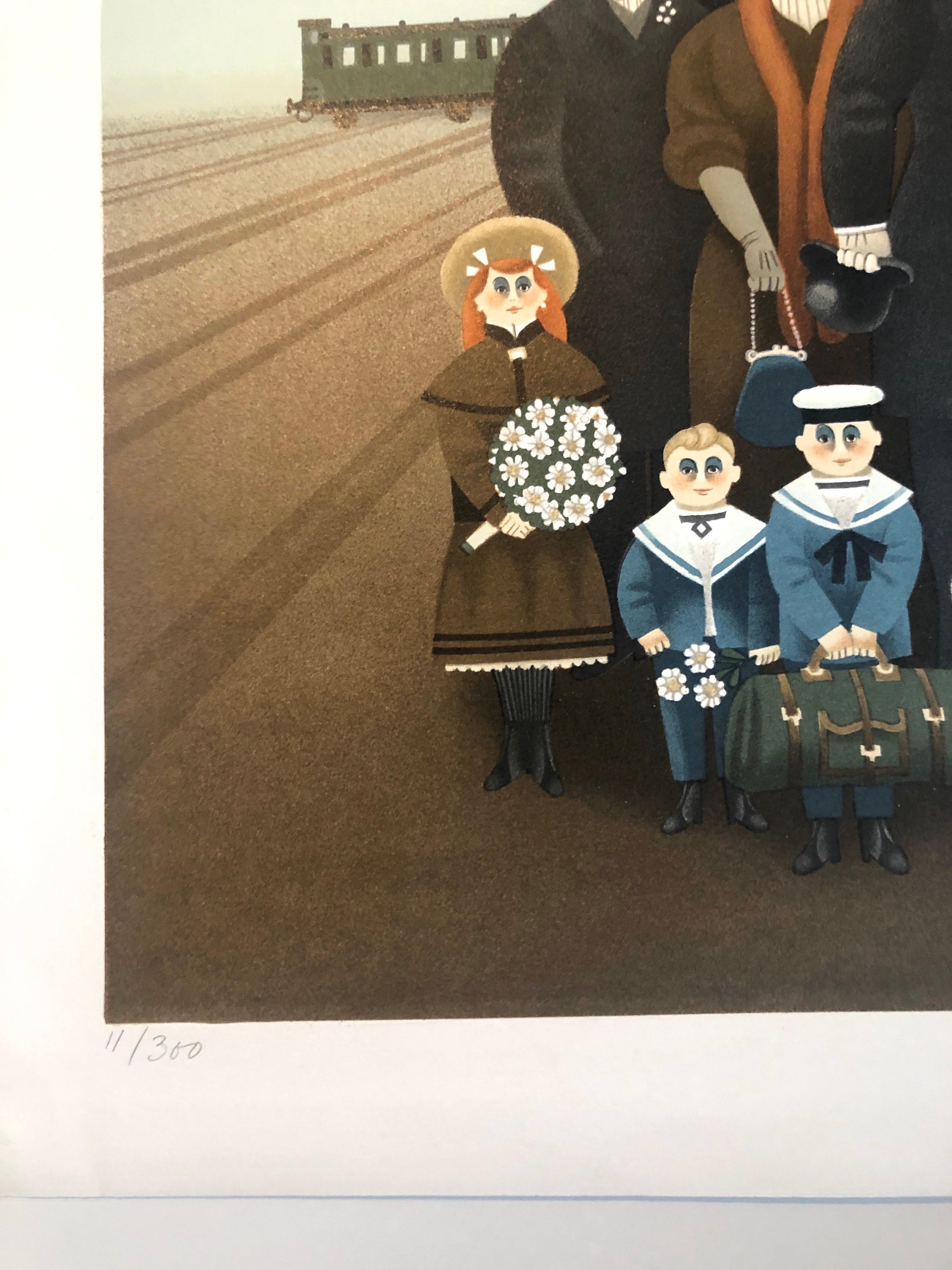 Litografía ingenua Estación de tren de París Fiesta de boda, escena de luna de miel Arte popular - Figurative Print Beige de Jan Balet