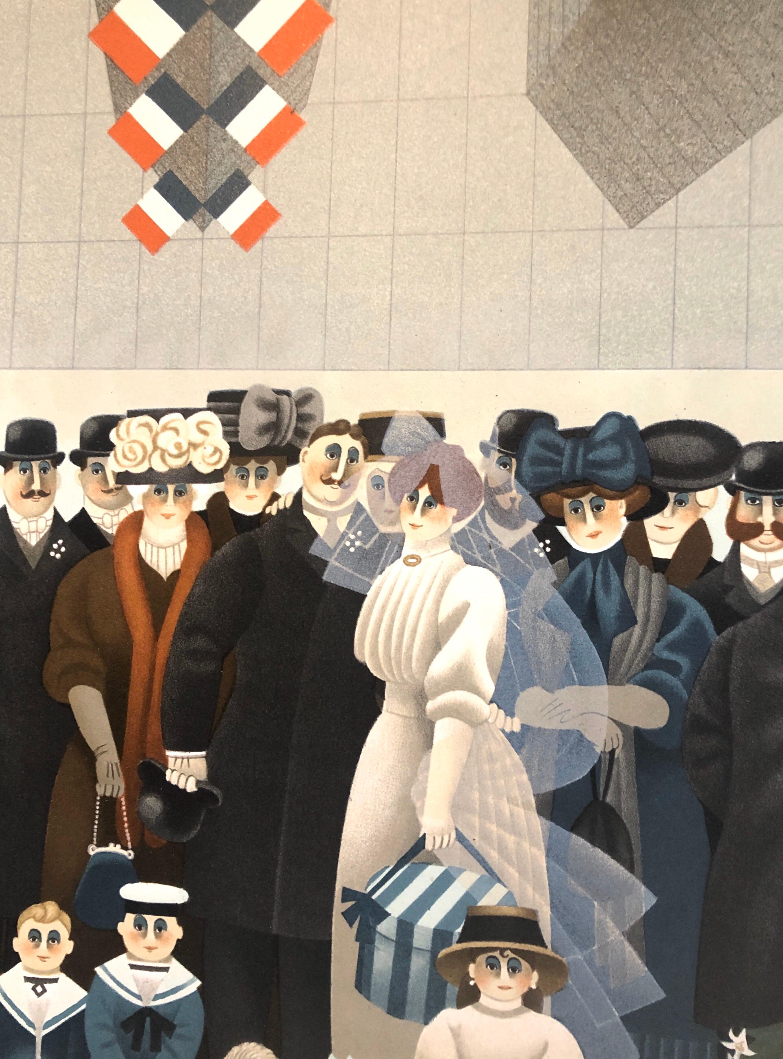 Litografía ingenua Estación de tren de París Fiesta de boda, escena de luna de miel Arte popular en venta 1