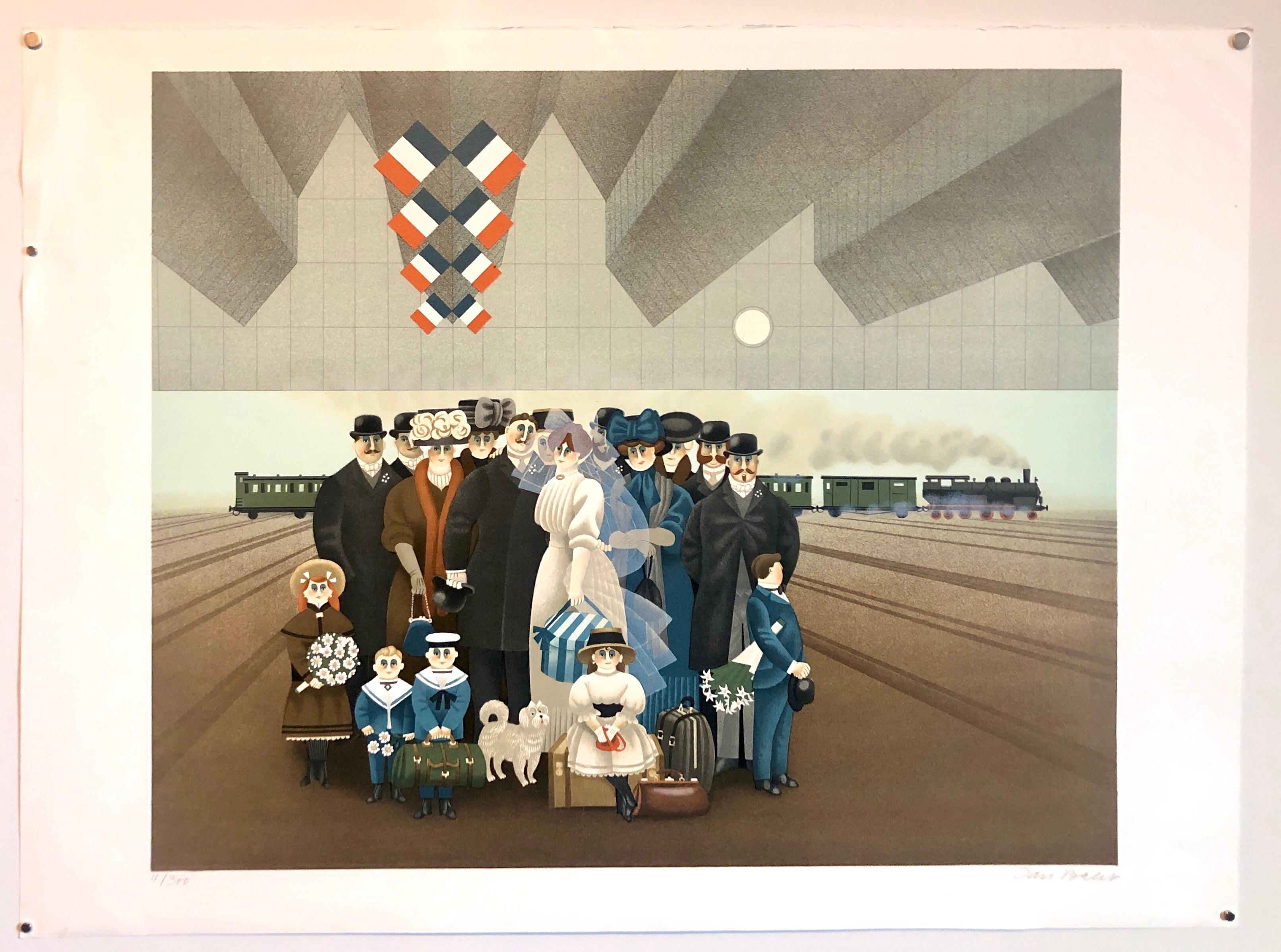 Litografía ingenua Estación de tren de París Fiesta de boda, escena de luna de miel Arte popular en venta 3