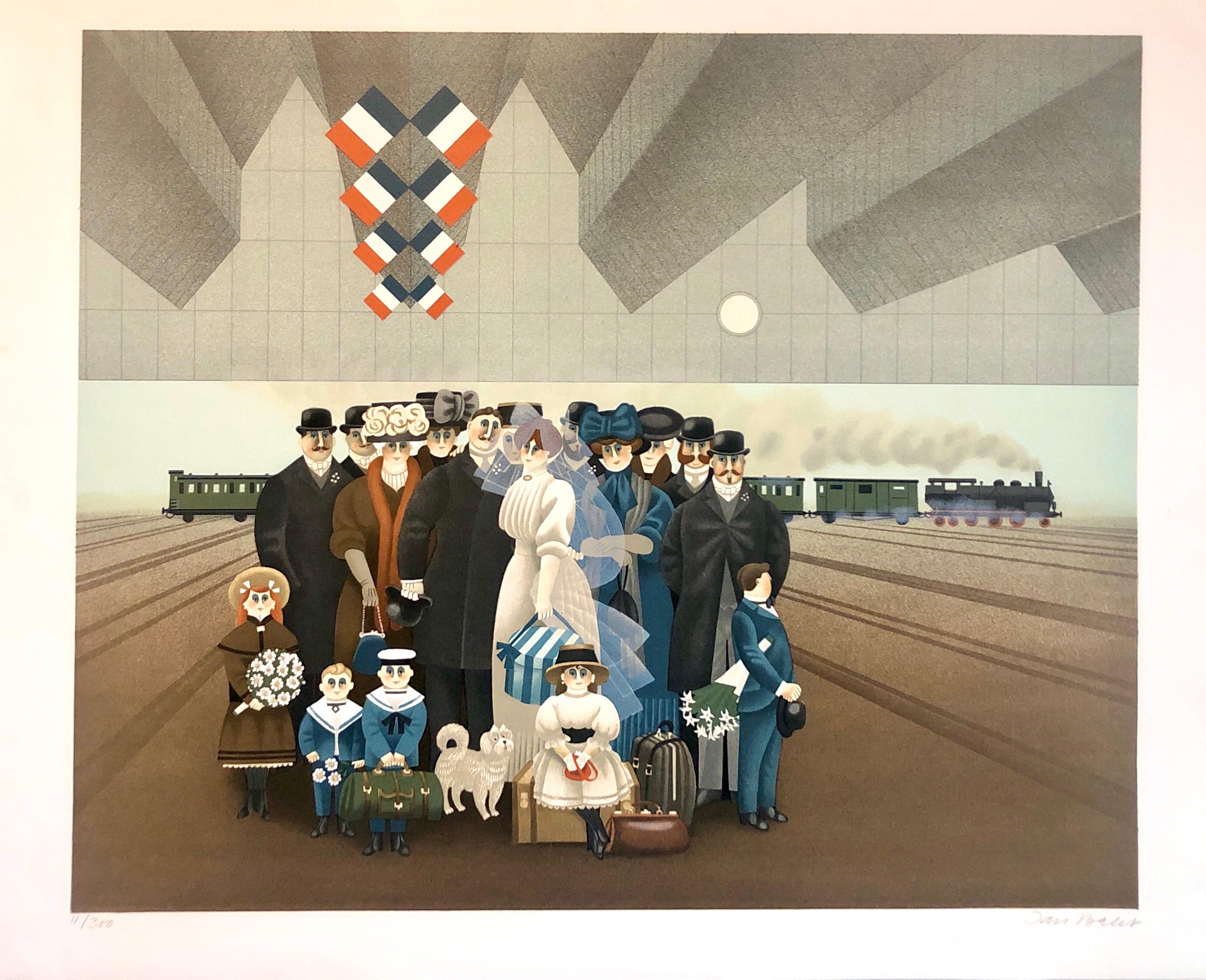 Figurative Print de Jan Balet - Litografía ingenua Estación de tren de París Fiesta de boda, escena de luna de miel Arte popular