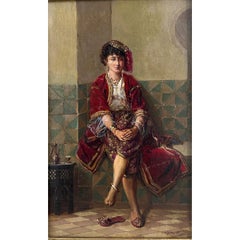 "Taking Tea"  19th Century Orientalism  Portrait Oil Painting on Panel