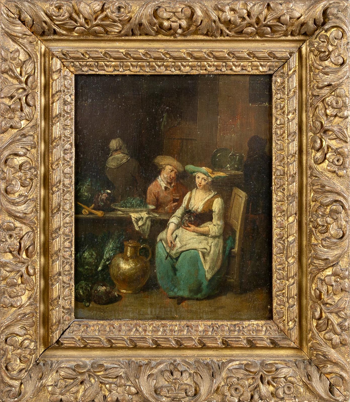 Flirt avec la servante de cuisine - Huile sur panneau du XVIIIe siècle