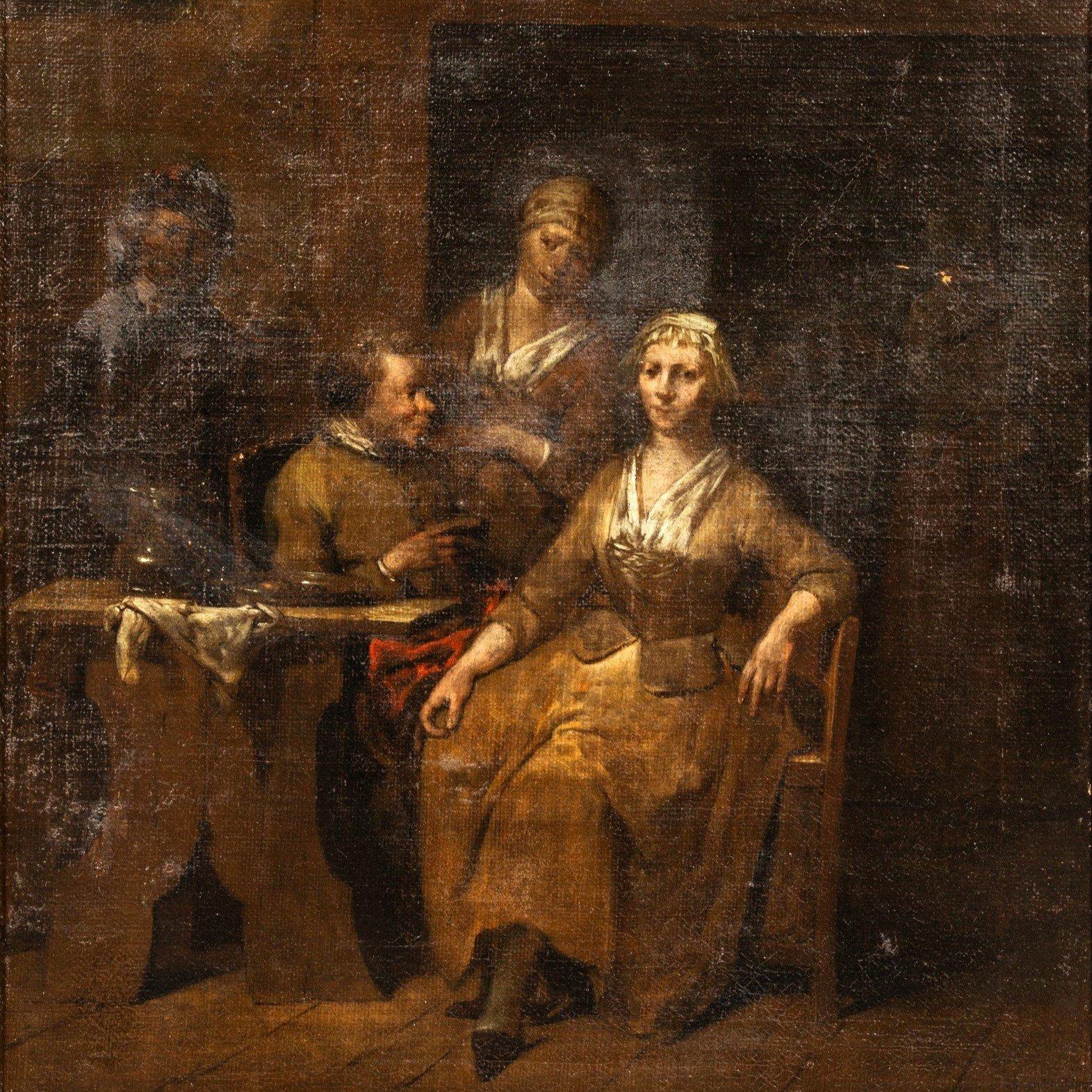 Jan Baptist LAMBRECHTS (Antwerpen, 1680 - nach 1731), L'entremetteuse Leinwand. Verso, Wachsstempel. 40 x 31 cm Experte : M. René MILLET
Lambrechts wurde 1680 in Antwerpen geboren. Sein Vater war Jacob Lambrechts und seine Mutter Anna Deckers. Seine