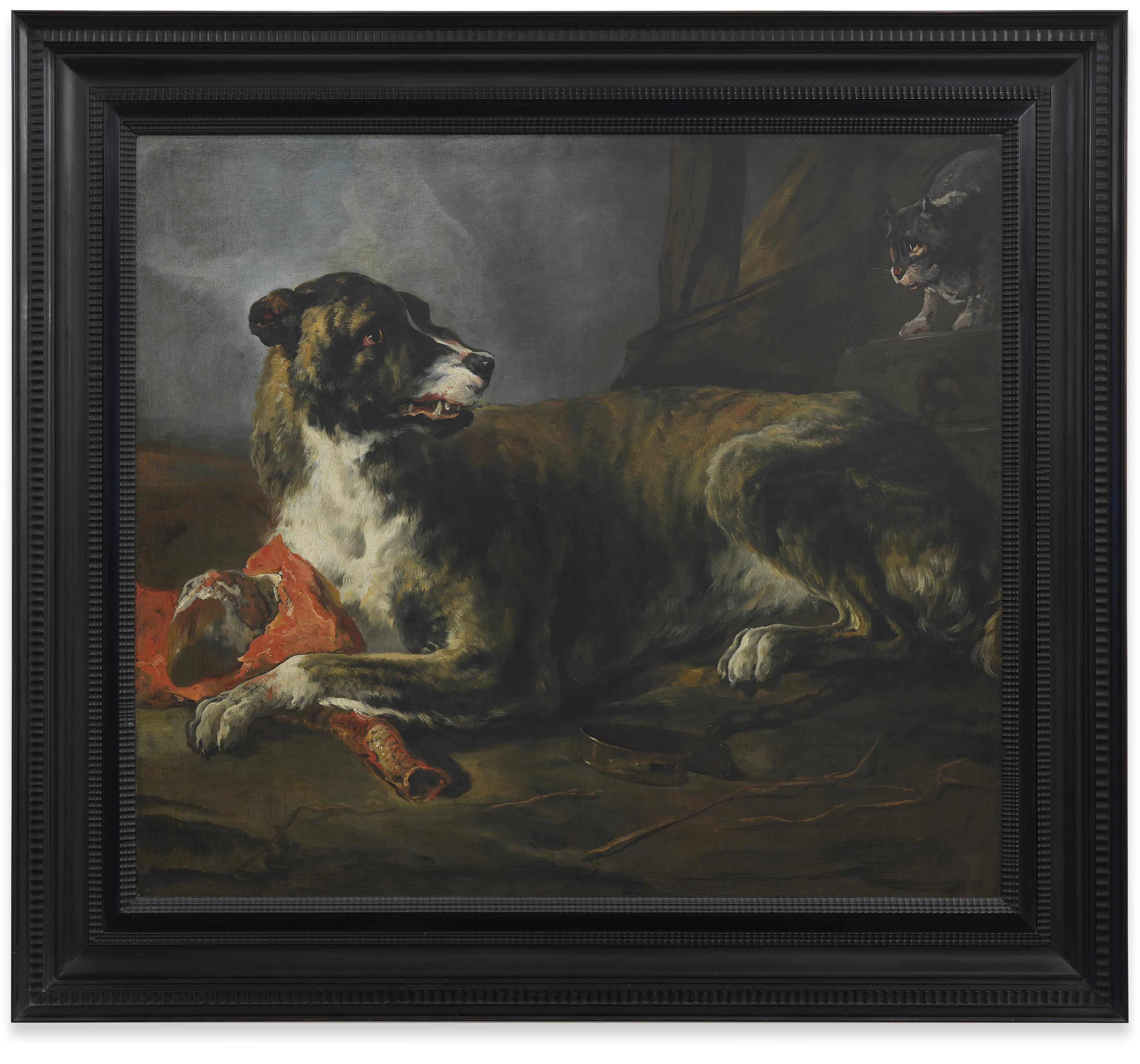 Jan Baptist Weenix Animal Painting – A Boar Hound mit einem Fleischgeschirr in der Nähe einer erschütterten Katze 