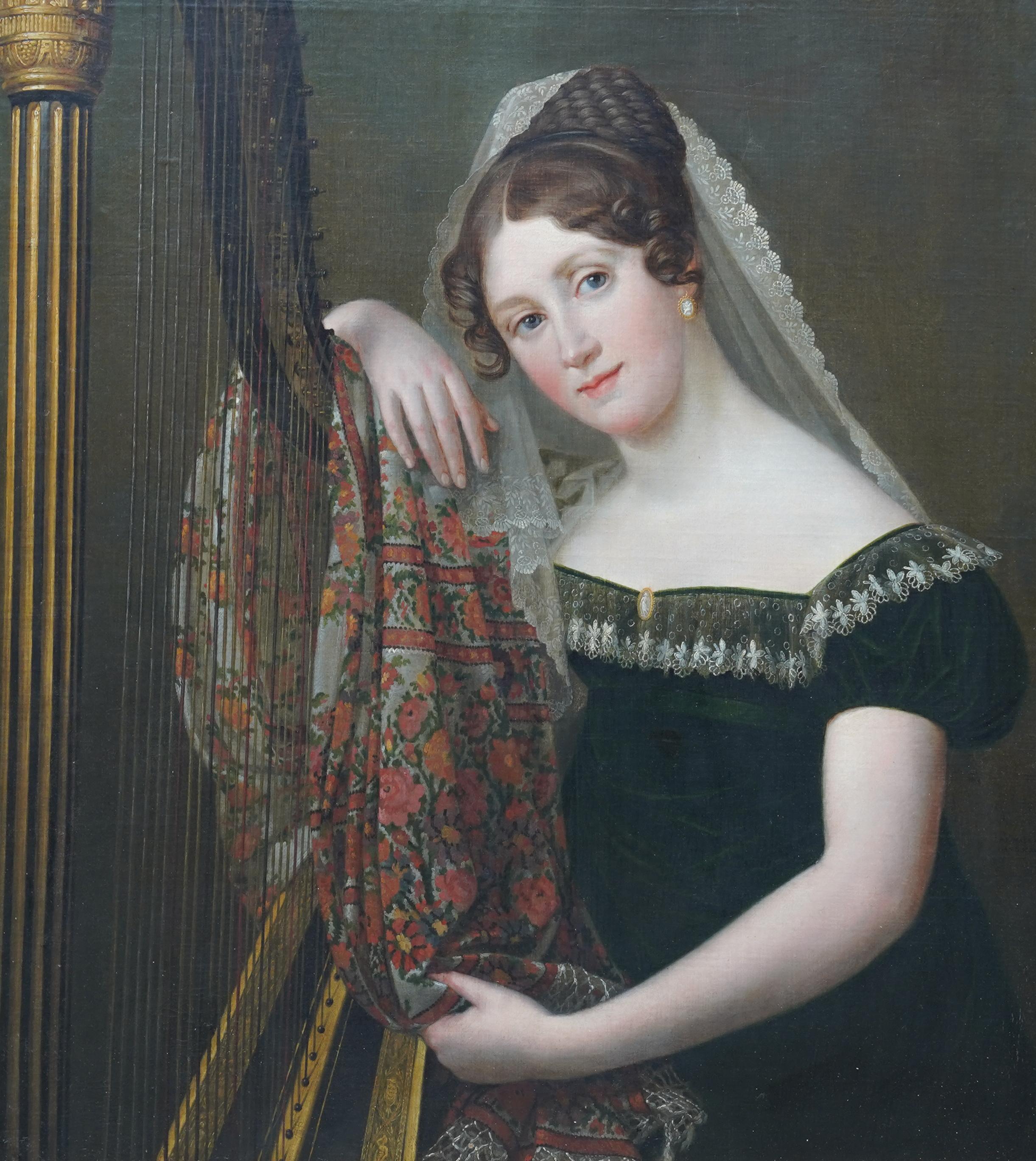 Portrait of a harpist - Belgian Old Master musical art oil painting harp player For Sale 11