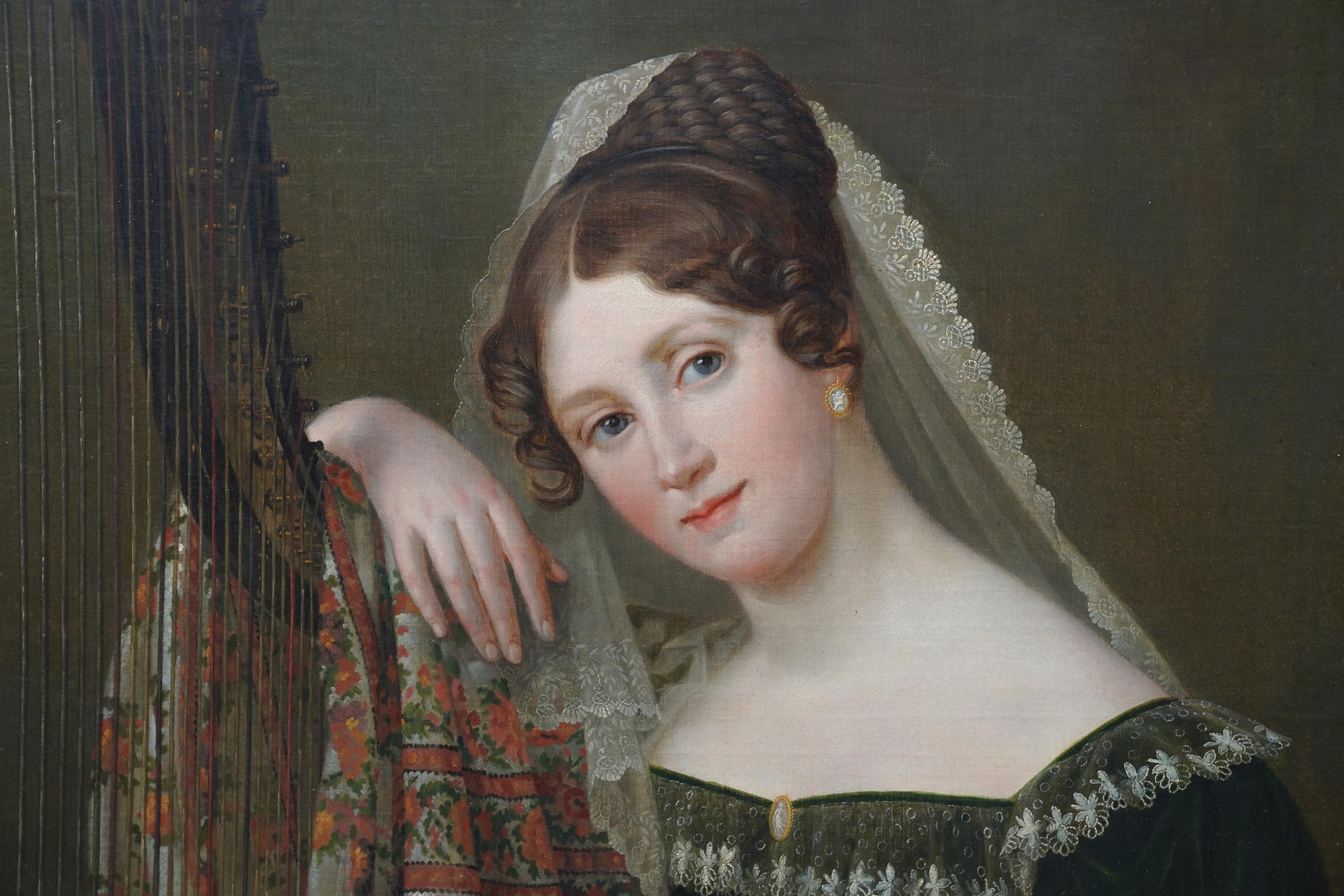 This charming Belgian Old Master musical portrait oil painting is by noted artist Jan Baptiste Lodewijk Maes. Painted in 1820 and signed and dated it is a half length portrait of a beautiful young lady stood beside a harp. She is wearing a short