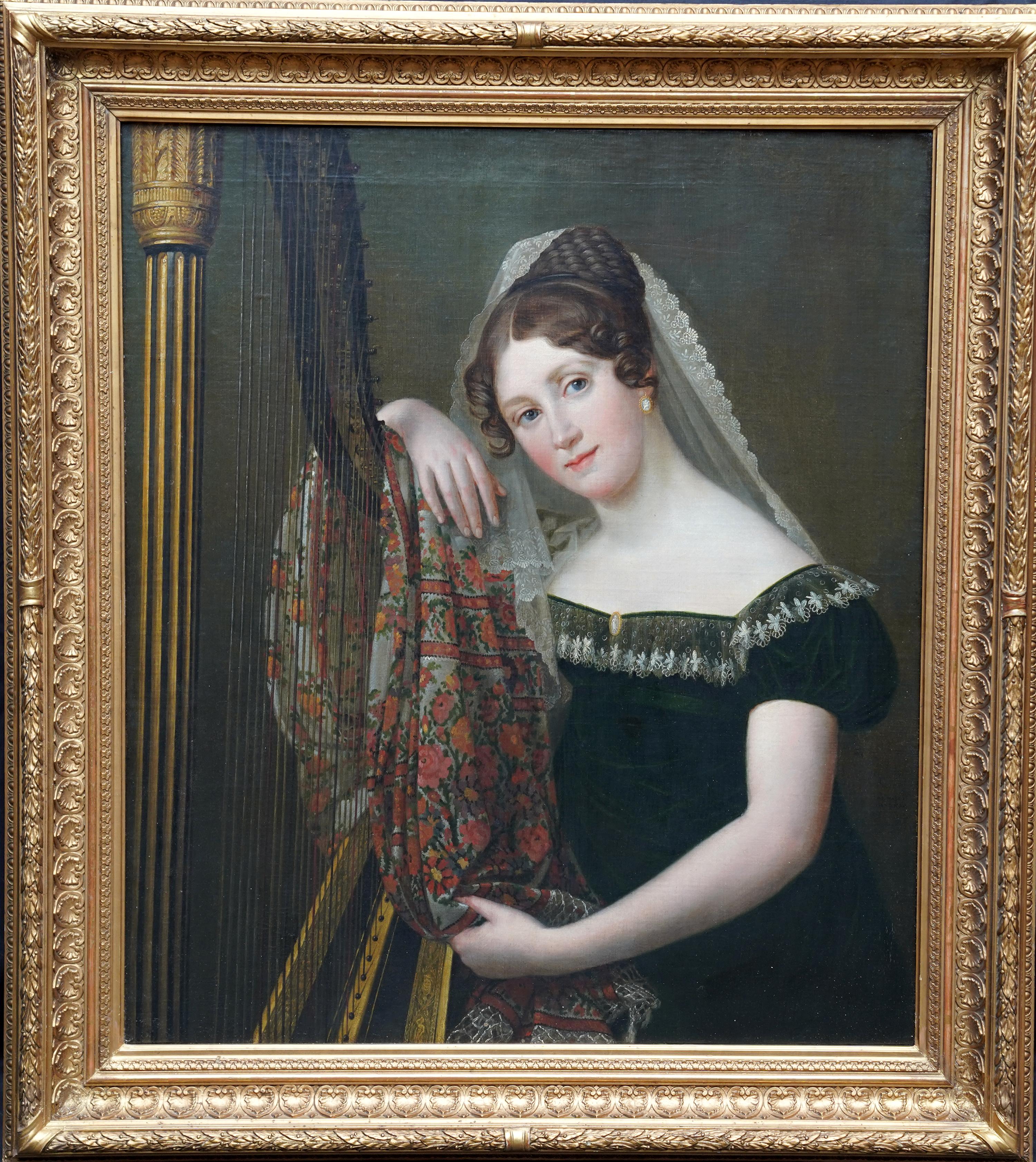 Jan Baptiste Lodewijk Maes Portrait Painting - Portrait of a harpist - Belgian Old Master musical art oil painting harp player