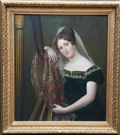 Antique Portrait of a harpist - Belgian Old Master musical art oil painting harp player