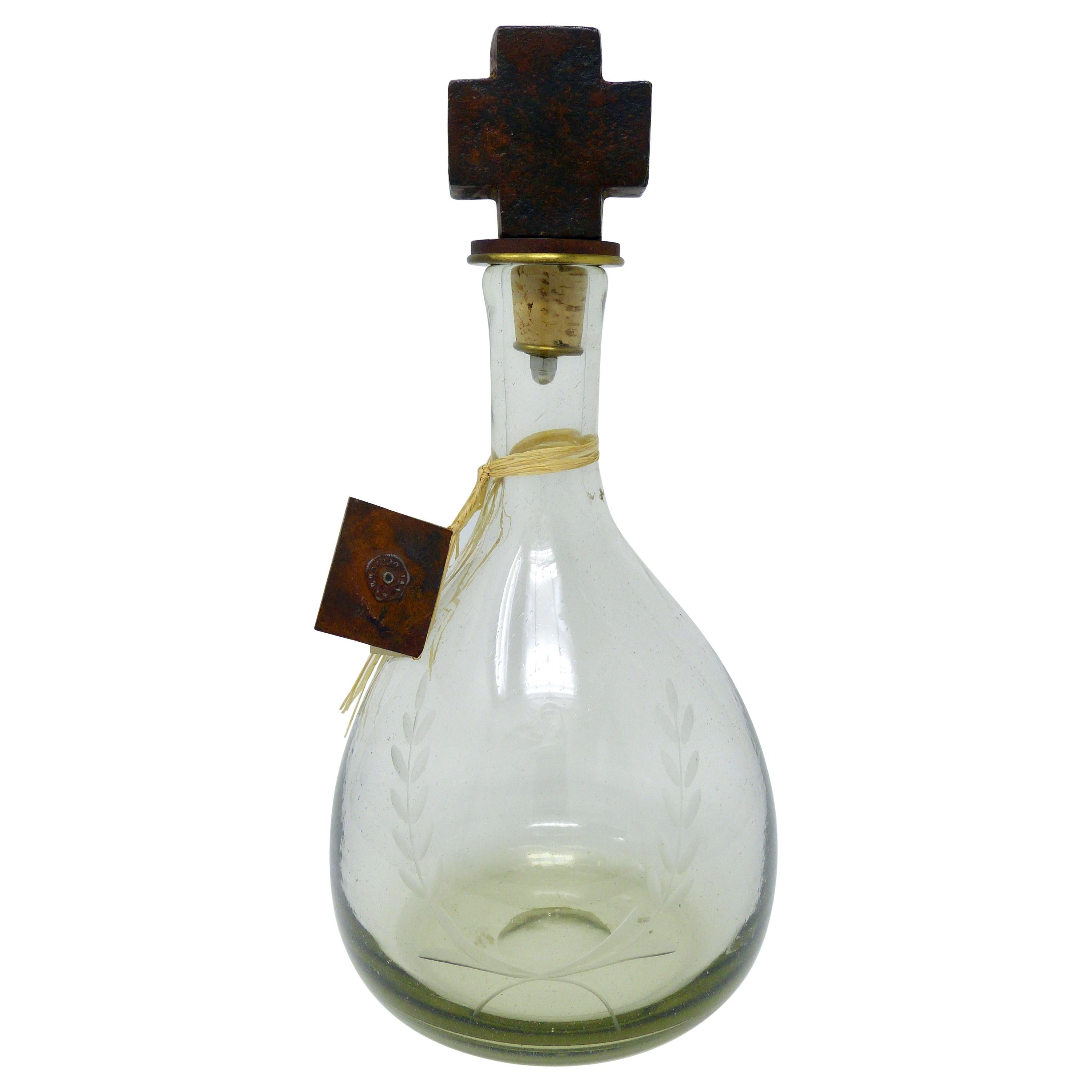 Jan Barboglio Blown Glass Decanter With Forged Iron Cross Topper