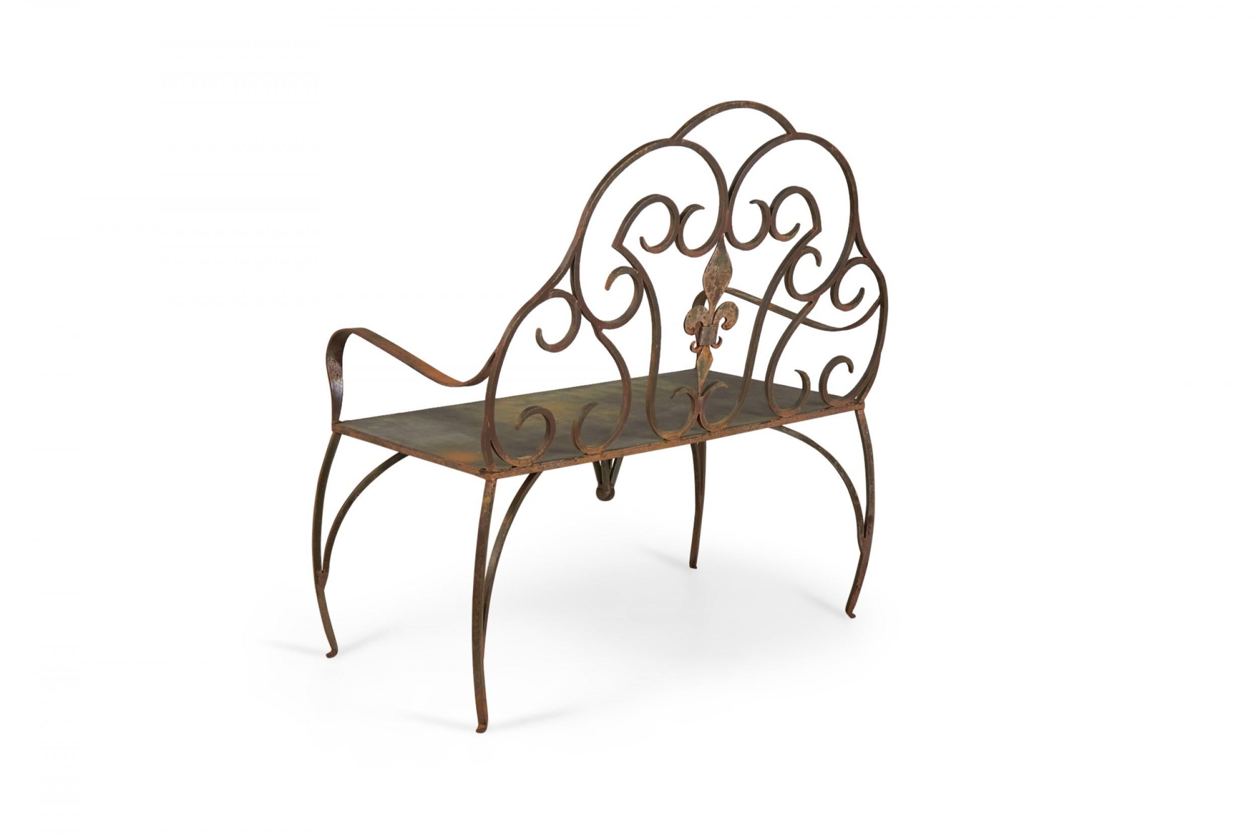 Hollywood Regency Jan Barboglio Mexican Modern Style Wrought Iron Outdoor Fleur de Lis Crest Bench For Sale