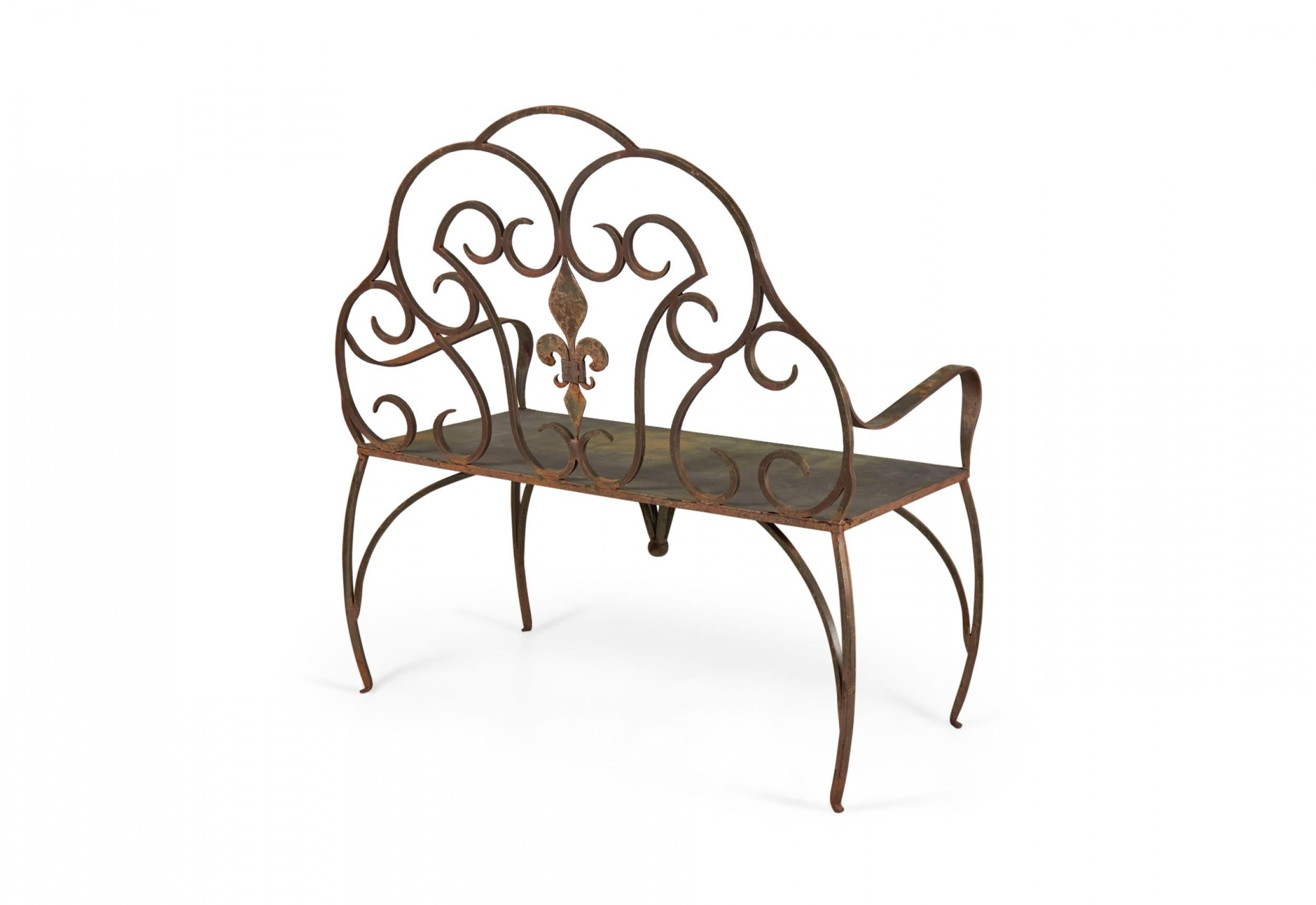 20th Century Jan Barboglio Mexican Modern Style Wrought Iron Outdoor Fleur de Lis Crest Bench For Sale
