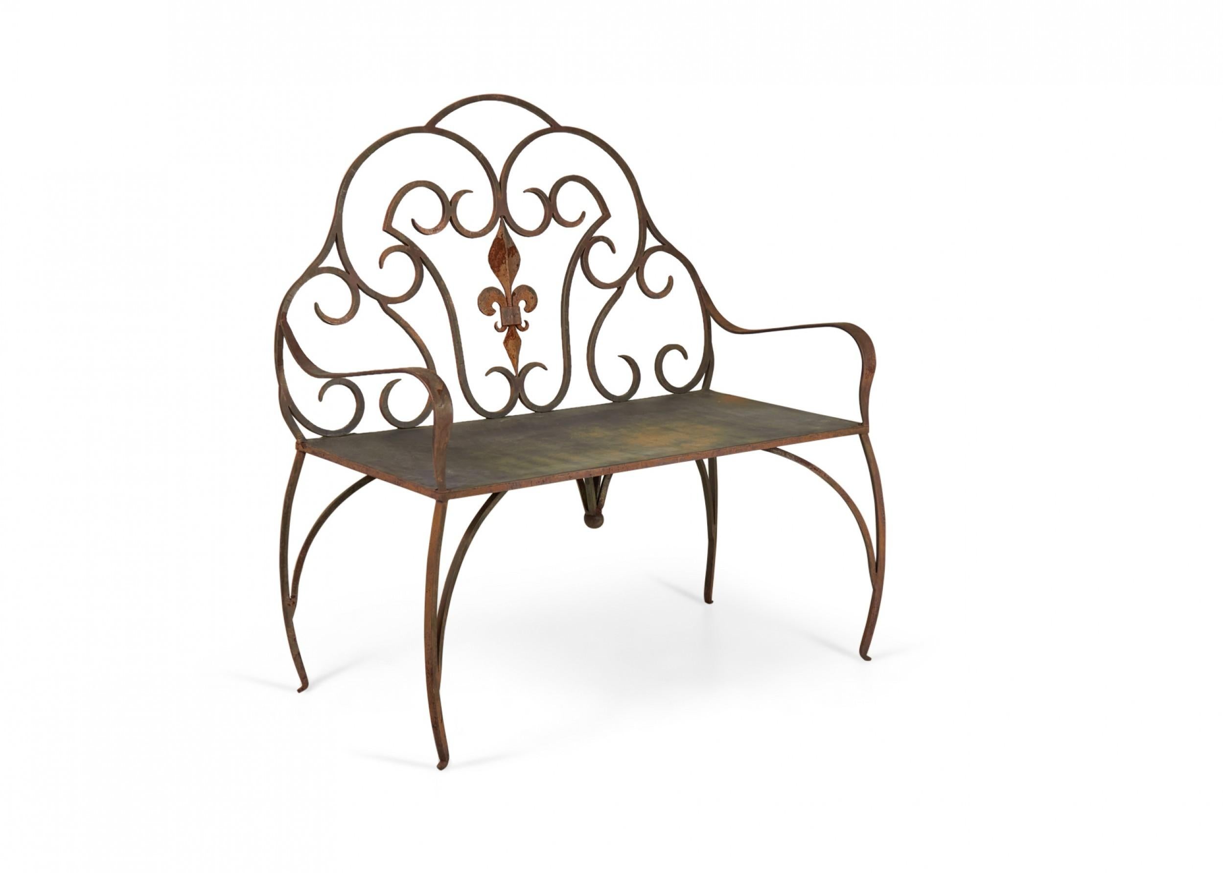 Jan Barboglio Mexican Modern Style Wrought Iron Outdoor Fleur de Lis Crest Bench For Sale 1