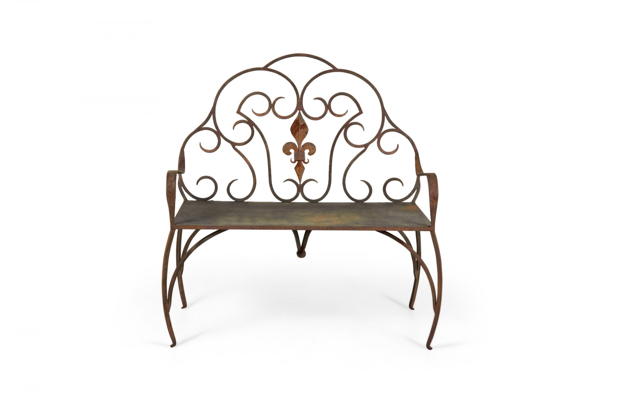 Jan Barboglio Mexican Modern Style Wrought Iron Outdoor Fleur de Lis Crest Bench For Sale 2
