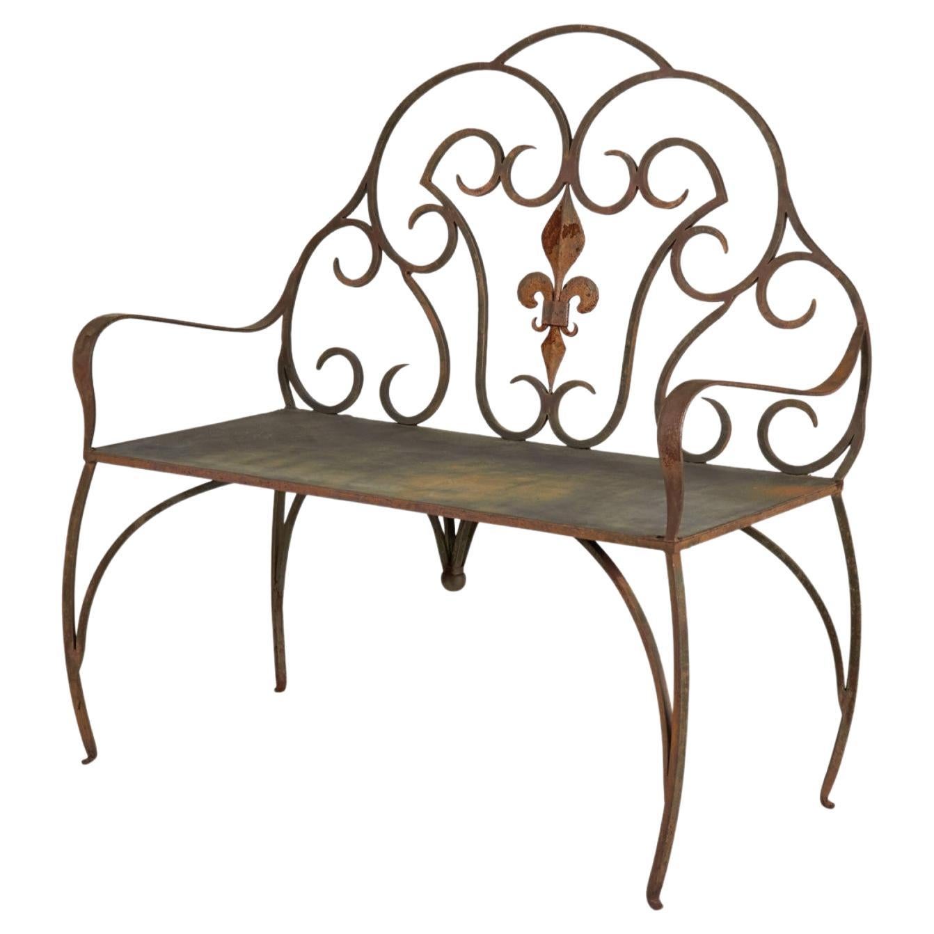 Jan Barboglio Mexican Modern Style Wrought Iron Outdoor Fleur de Lis Crest Bench For Sale