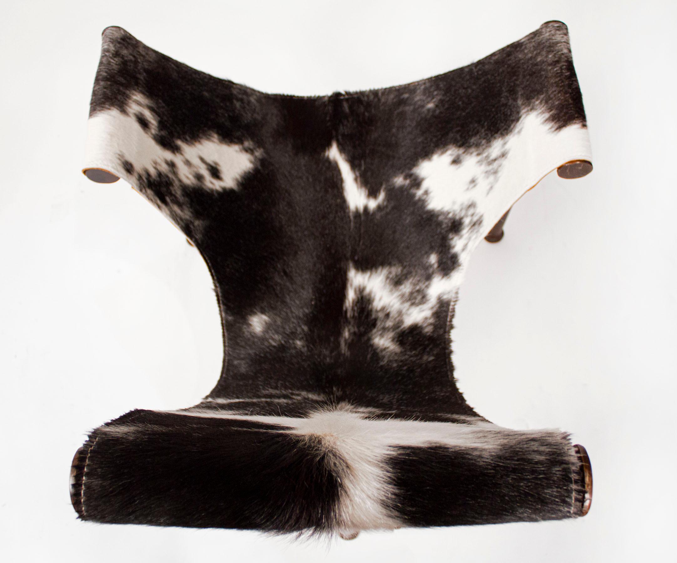 Modern Jan Barboglio Sling Chair and Ottoman in Cowhide & Patinated Steel Texas Artist