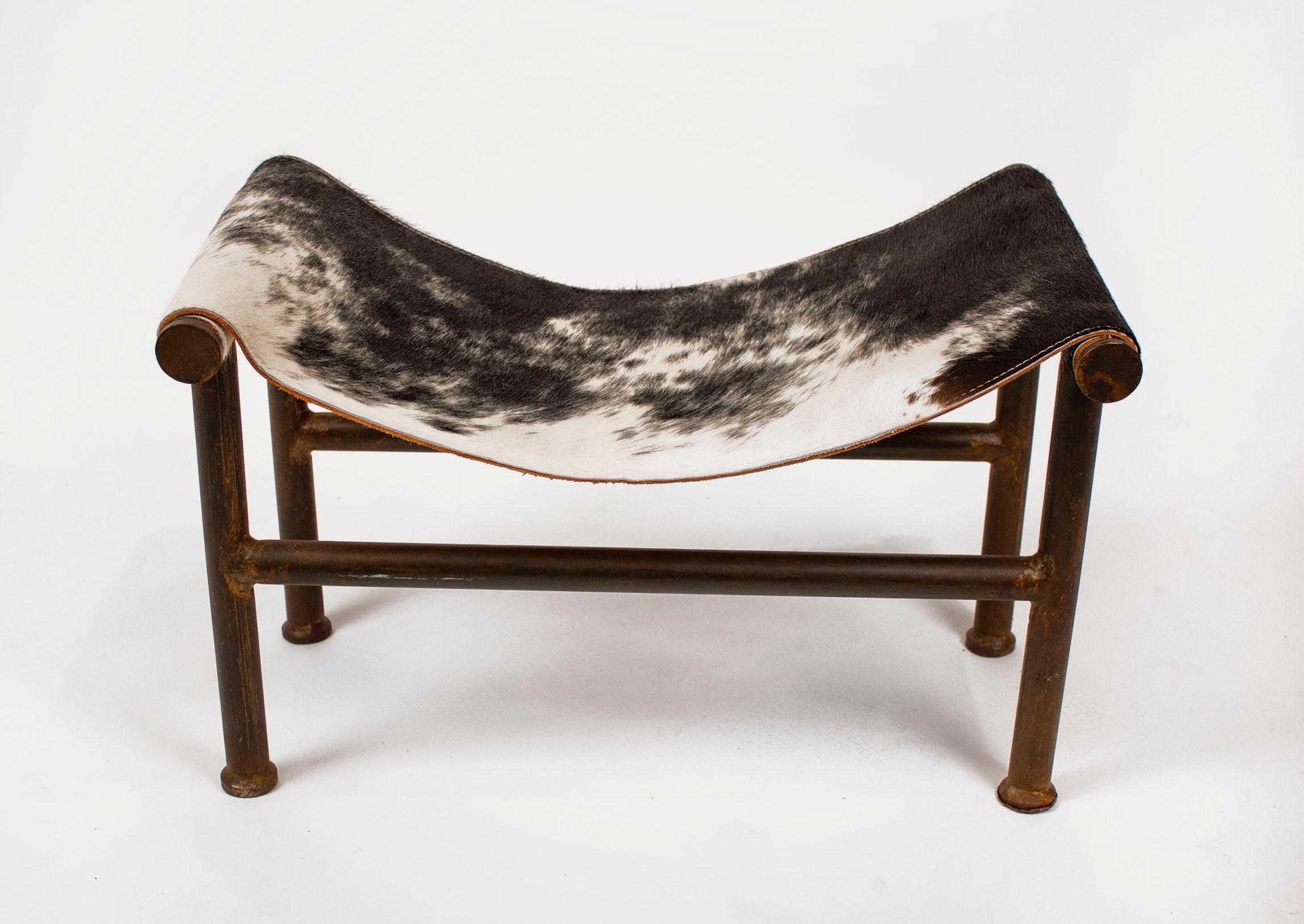 Late 20th Century Jan Barboglio Sling Chair and Ottoman in Cowhide & Patinated Steel Texas Artist