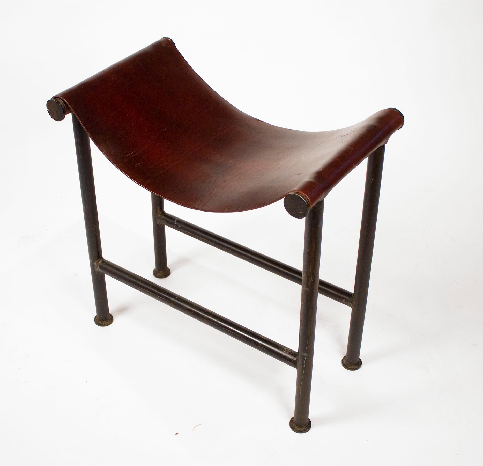 Patinated Jan Barboglio Stool in Steel and Leather Texas Modernism
