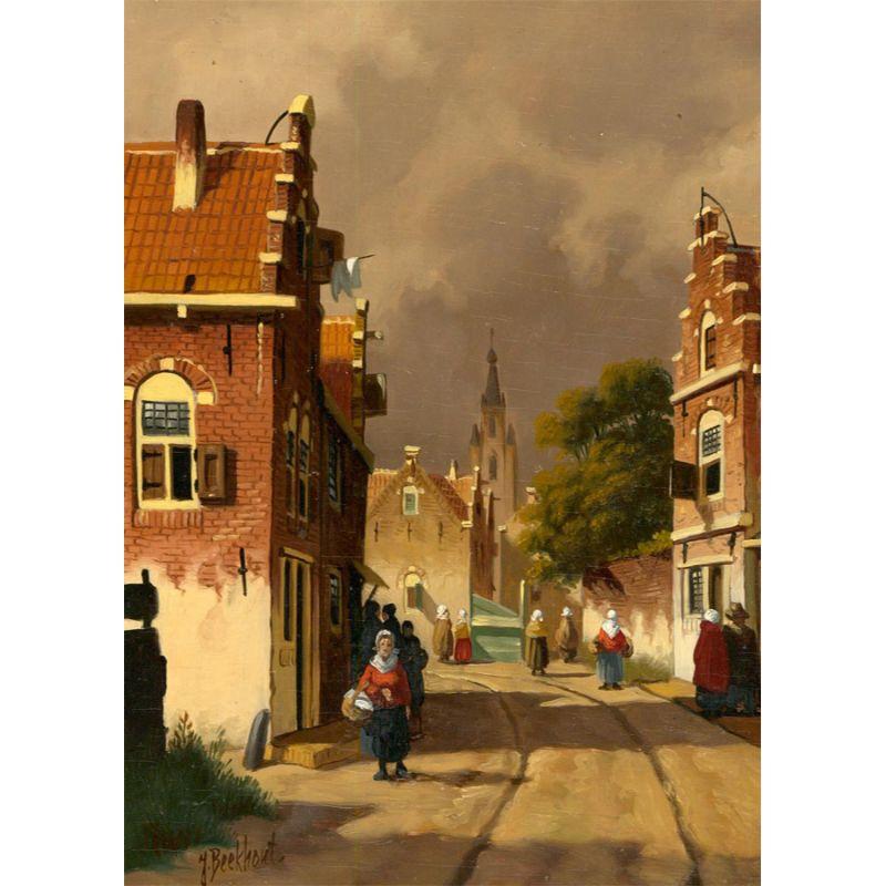 This charming oil has been painted in a 19th century style by Dutch artist Jan Beekhout (b.1937). The scene depicts a busy Dutch street with figures walking in all directions, to and from the centre square and church. Beekhout has shown great skill