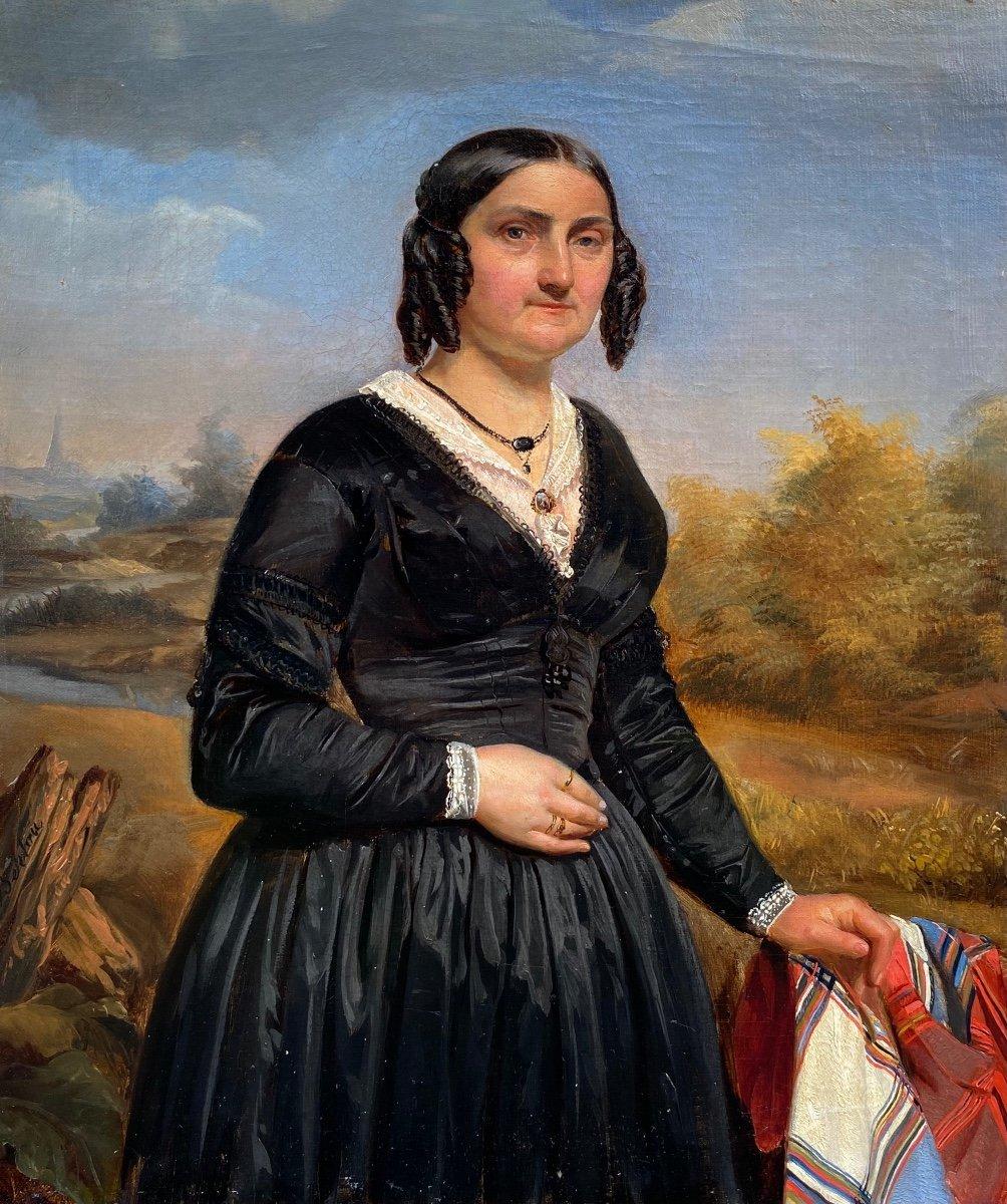 Ritratto di donna nobile, antico olio originale su tavola, scuola belga - Painting di Jan Bertou