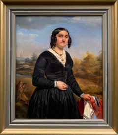 Ritratto di donna nobile, antico olio originale su tavola, scuola belga