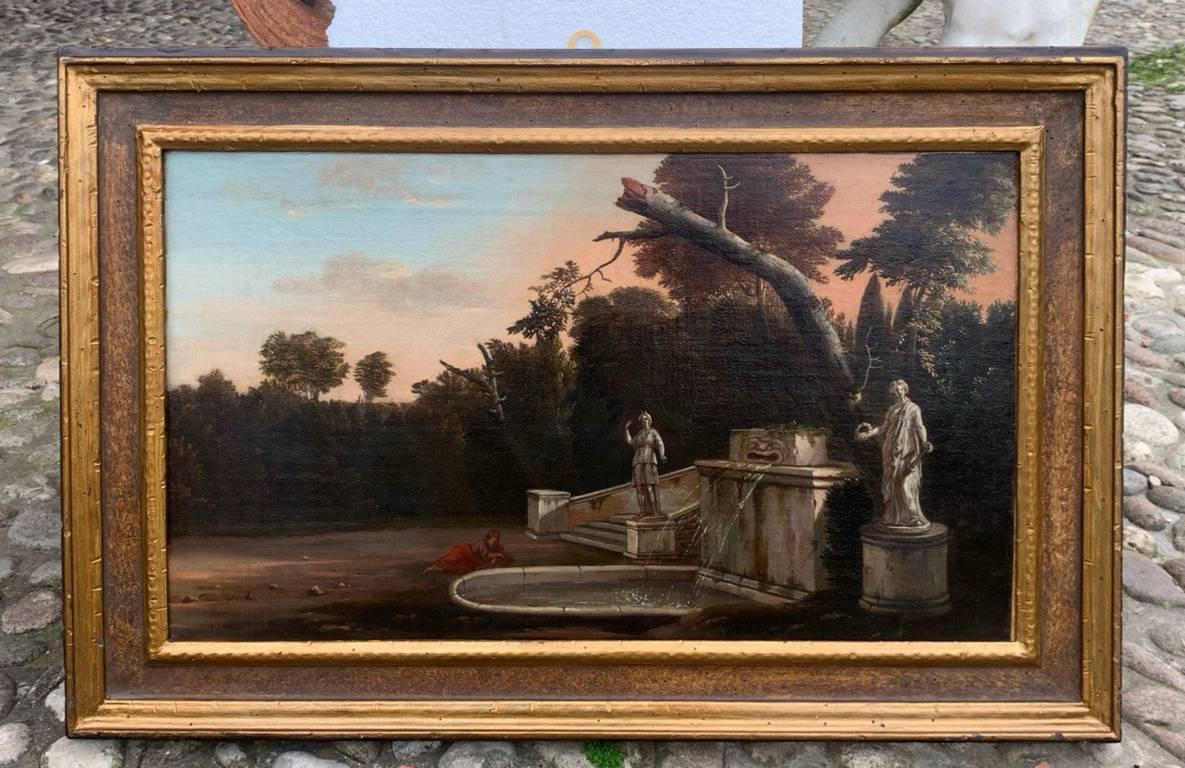 Jan Blom (Amsterdam 1622 - Amsterdam 1685) - Villa garden with fountain.

41 x 69 cm without frame, 56 x 84 cm with frame.

Antique oil painting on canvas, in a carved wooden frame.

- The painting is accompanied by a critical sheet by the prof.