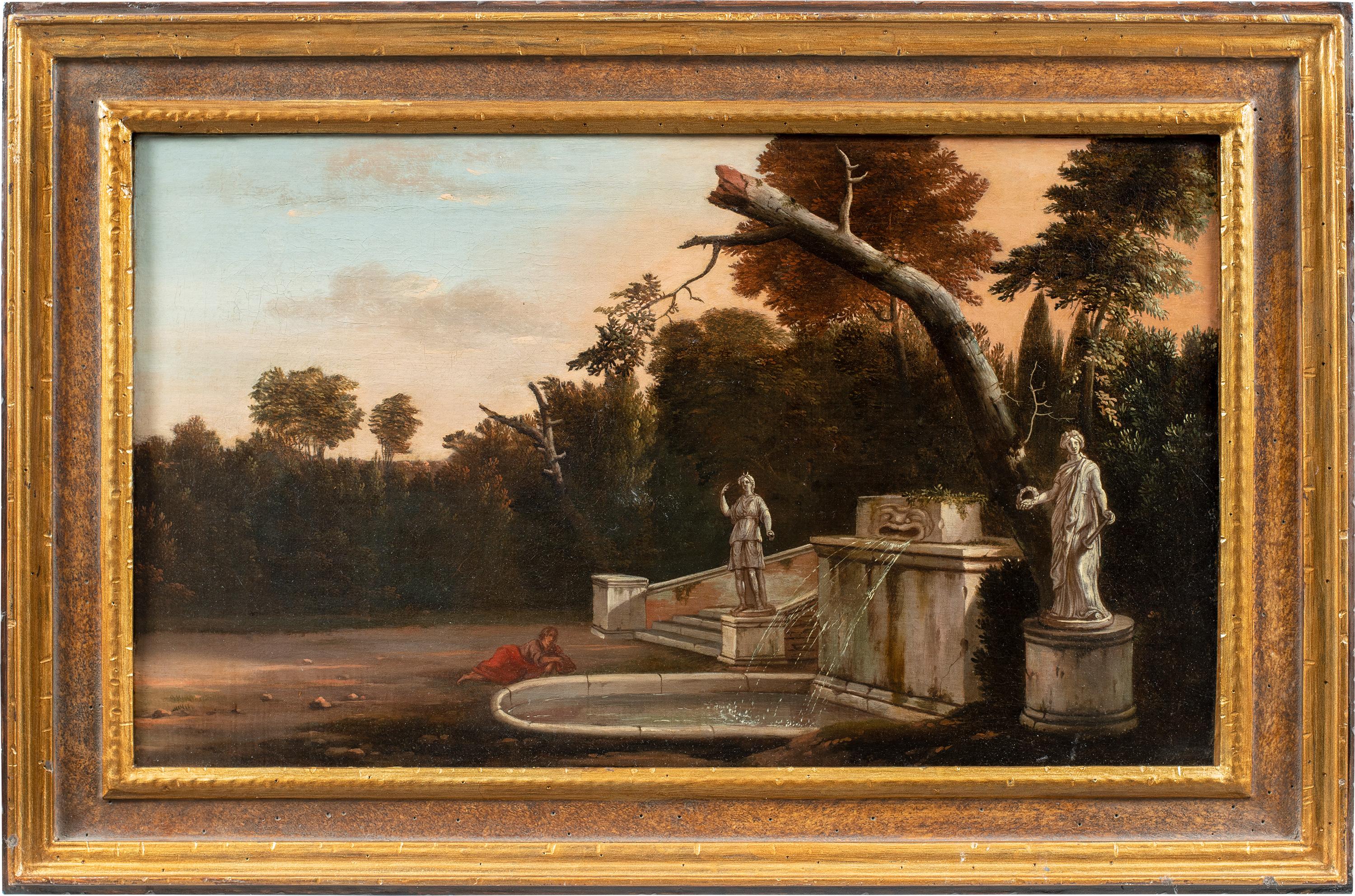 Jan Blom (Amsterdam 1622 - Amsterdam 1685) - Jardin de villa avec fontaine.

41 x 69 cm sans cadre, 56 x 84 cm avec cadre.

Peinture à l'huile ancienne sur toile, dans un cadre en bois sculpté.

- Le tableau est accompagné d'une fiche critique du