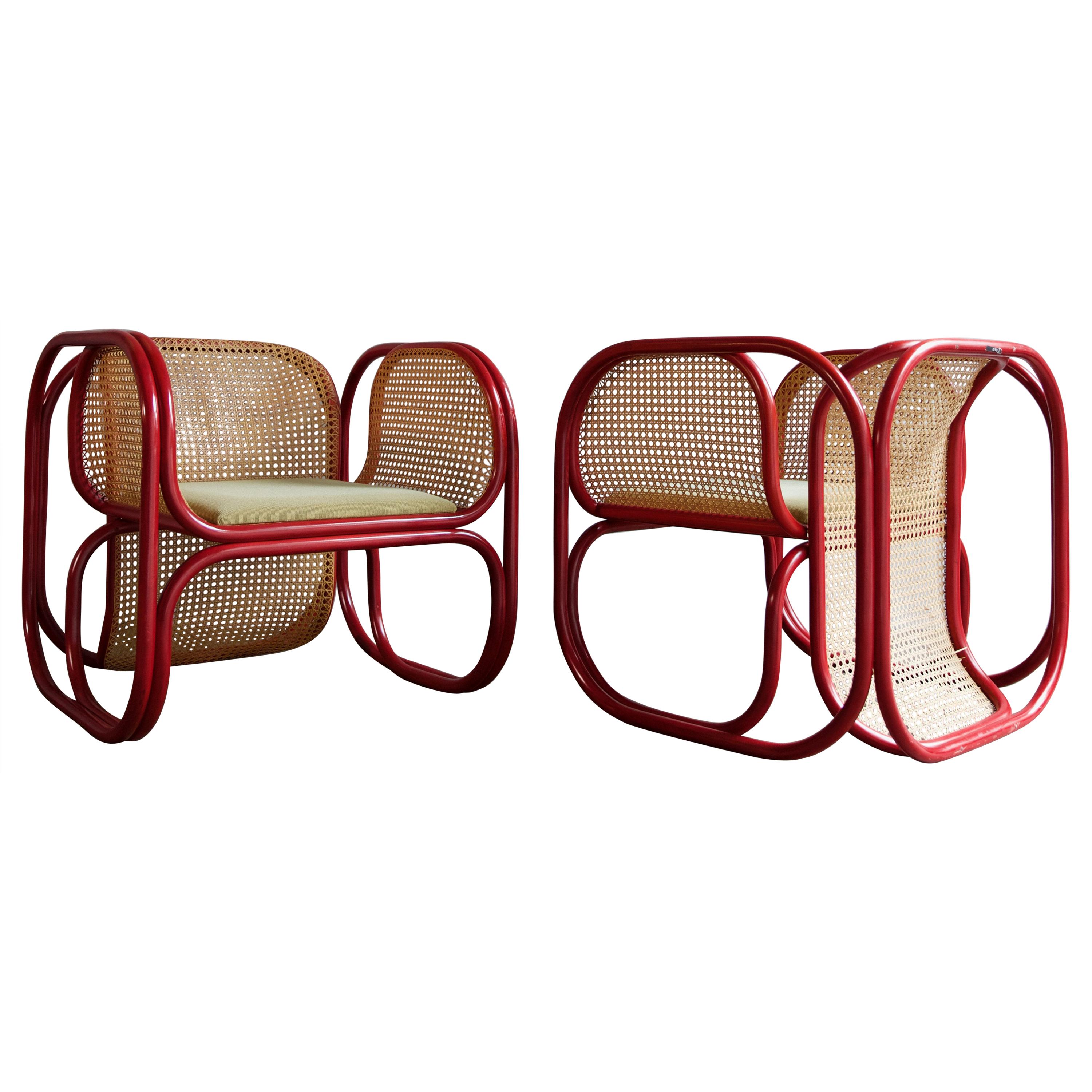 Jan Bočan Pair of Stained Bent Beech Wood Embassy Cane Loungers